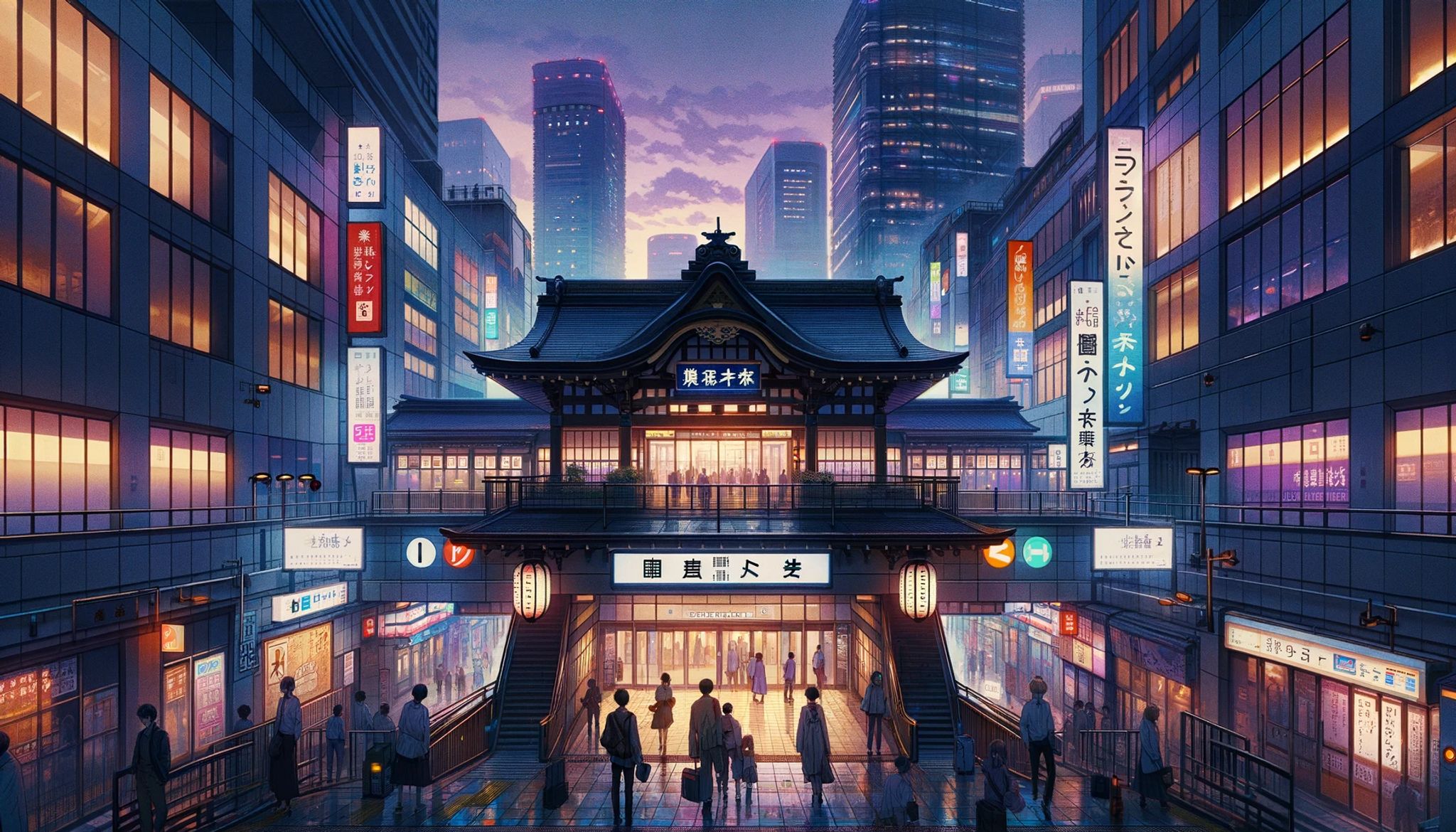 Anime-style illustration of a train station at night in a Japanese city.