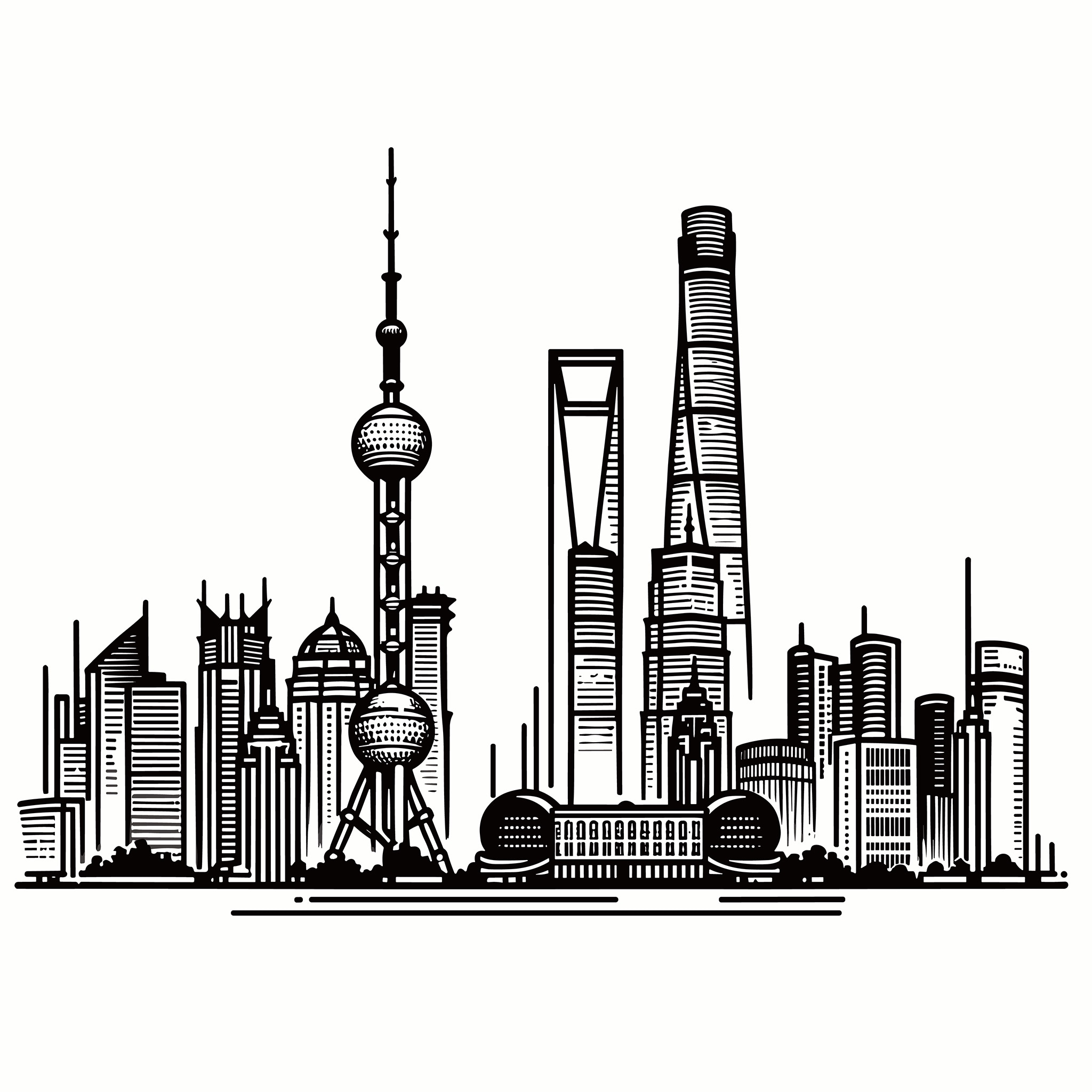 Beijing skyline line art illustration.