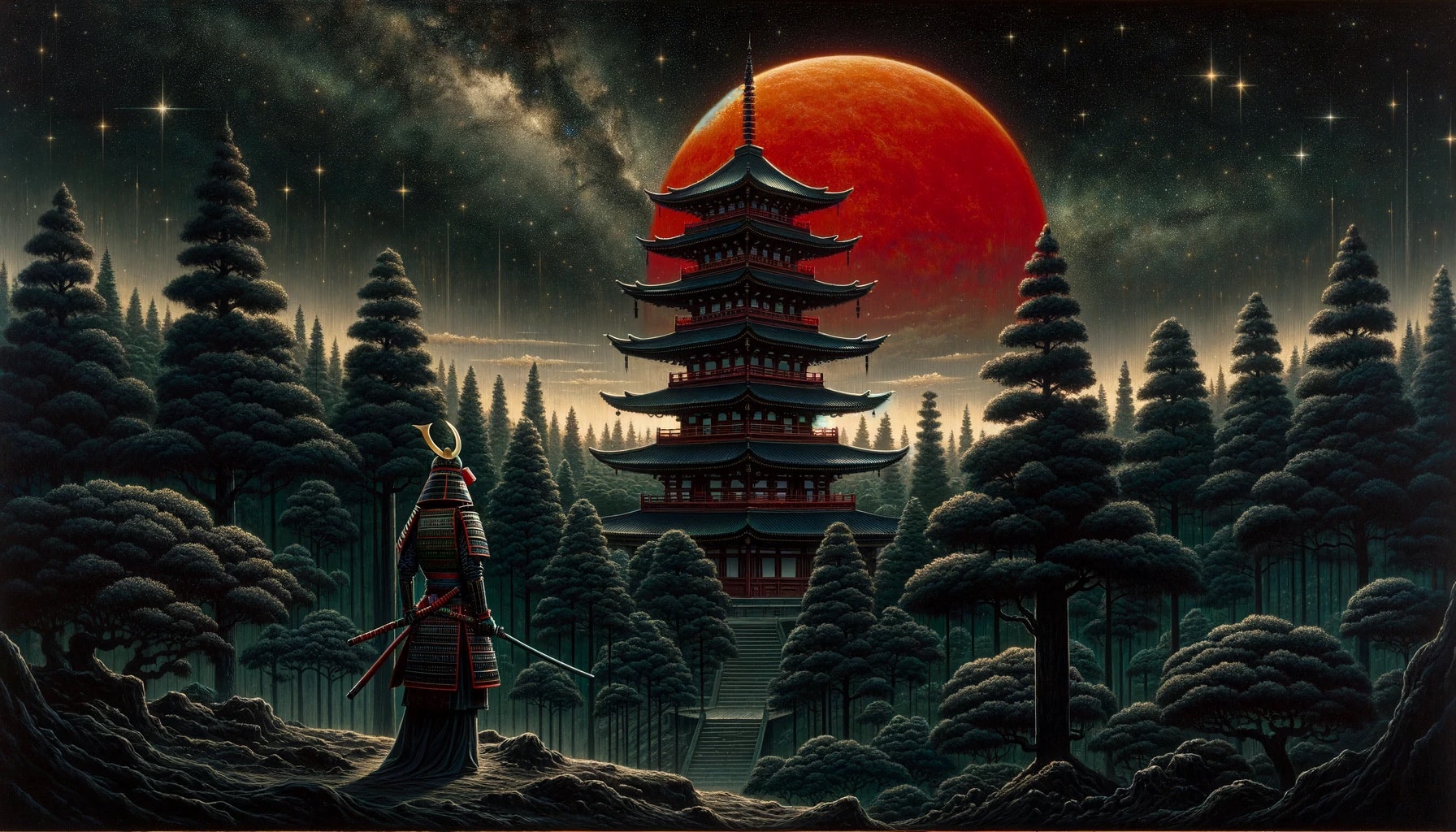 Samurai standing before a pagoda under a blood-red moon.
