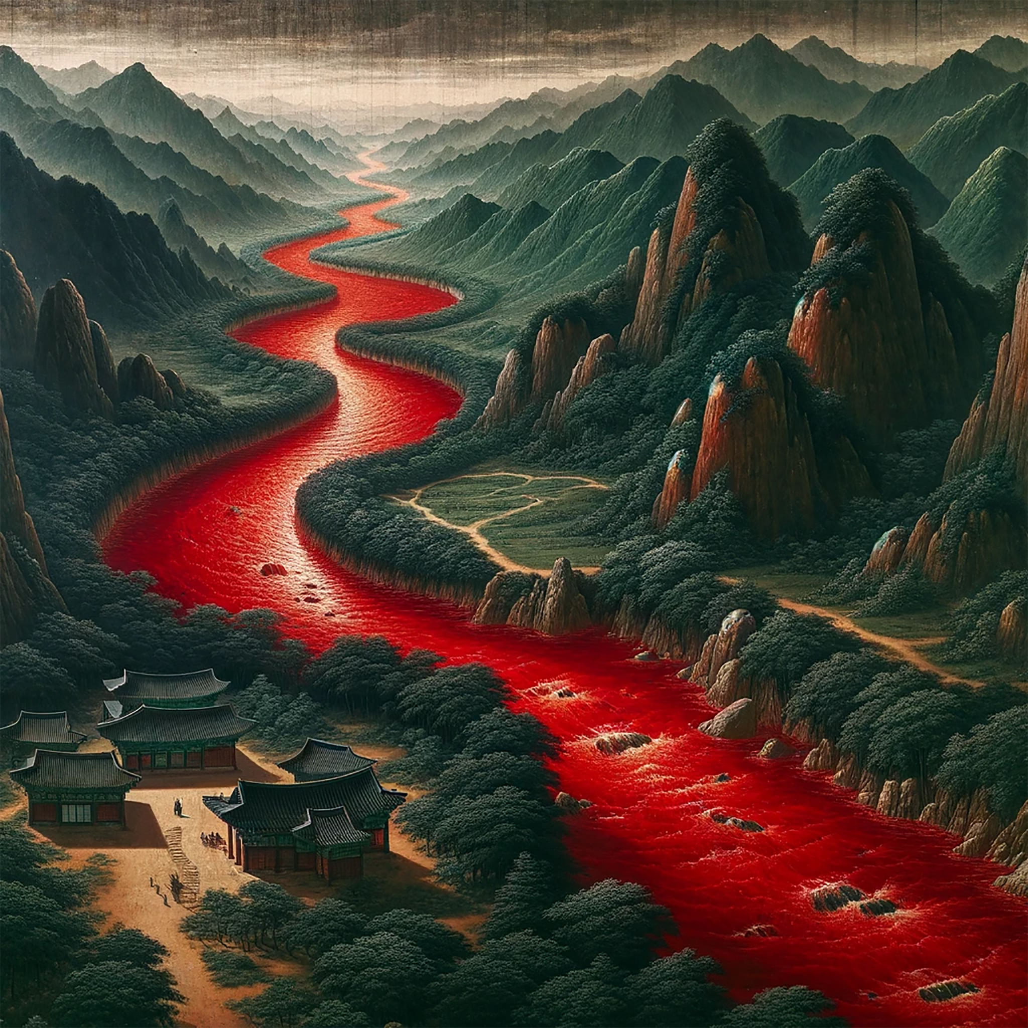 Painting of a blood-red river flowing through a mountainous landscape with a temple.