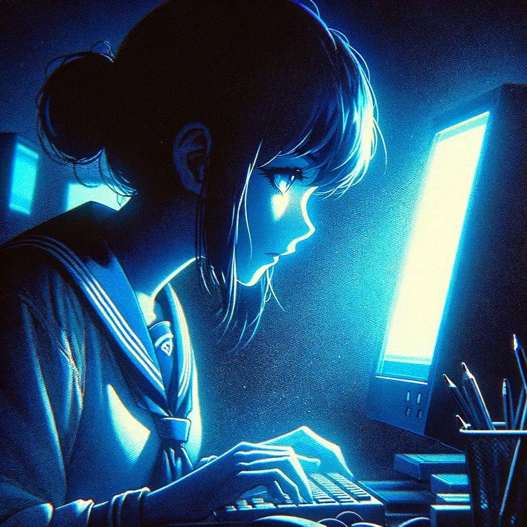 Anime girl in school uniform using a computer at night.