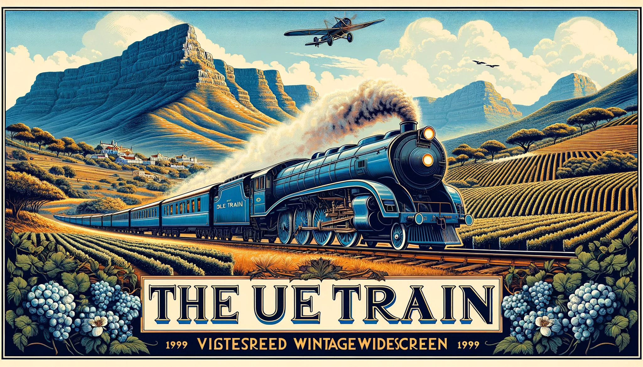 The Blue Train traveling through vineyards with mountains in the background.