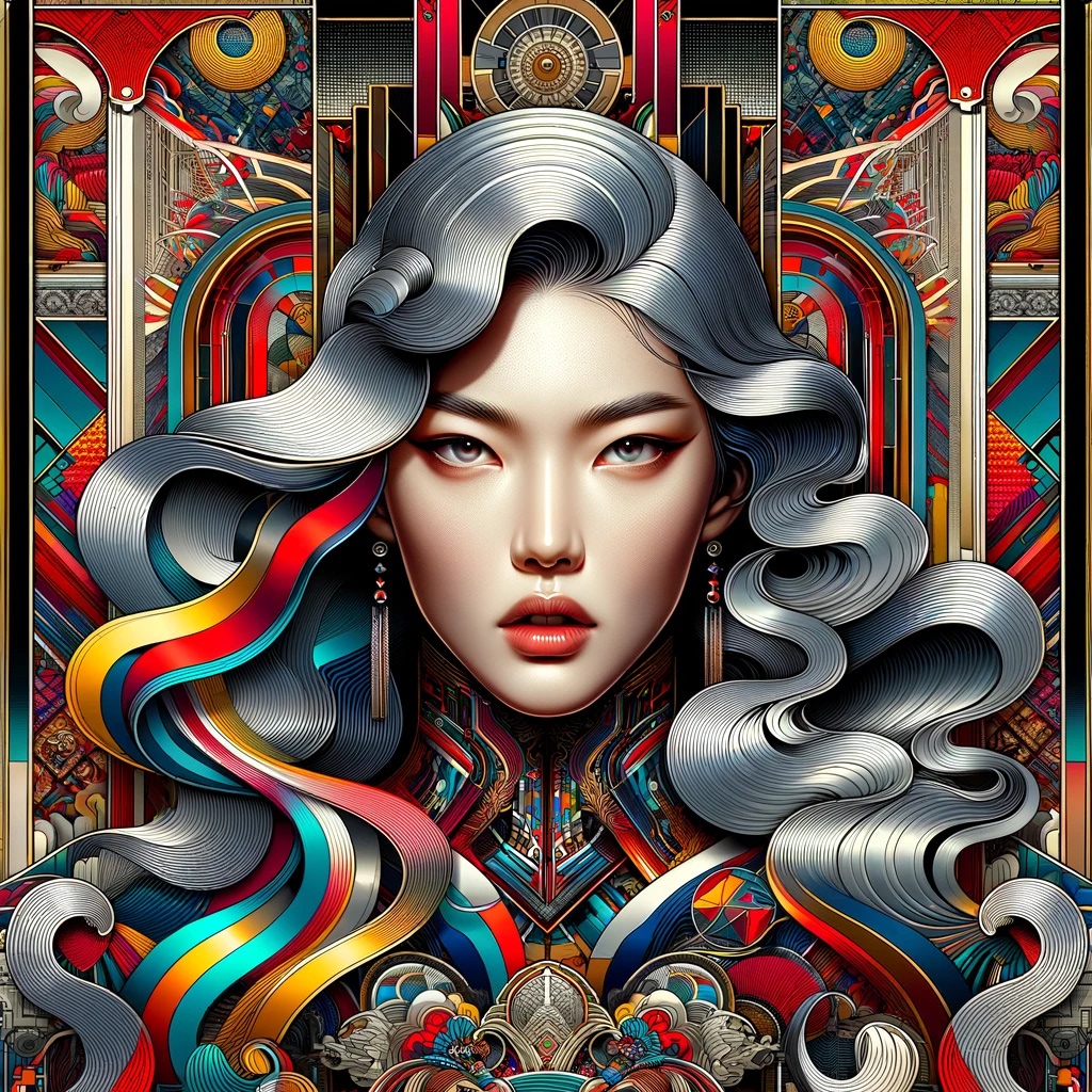 Portrait of a woman with silver hair styled in elaborate waves, set against a vibrant, geometric background.