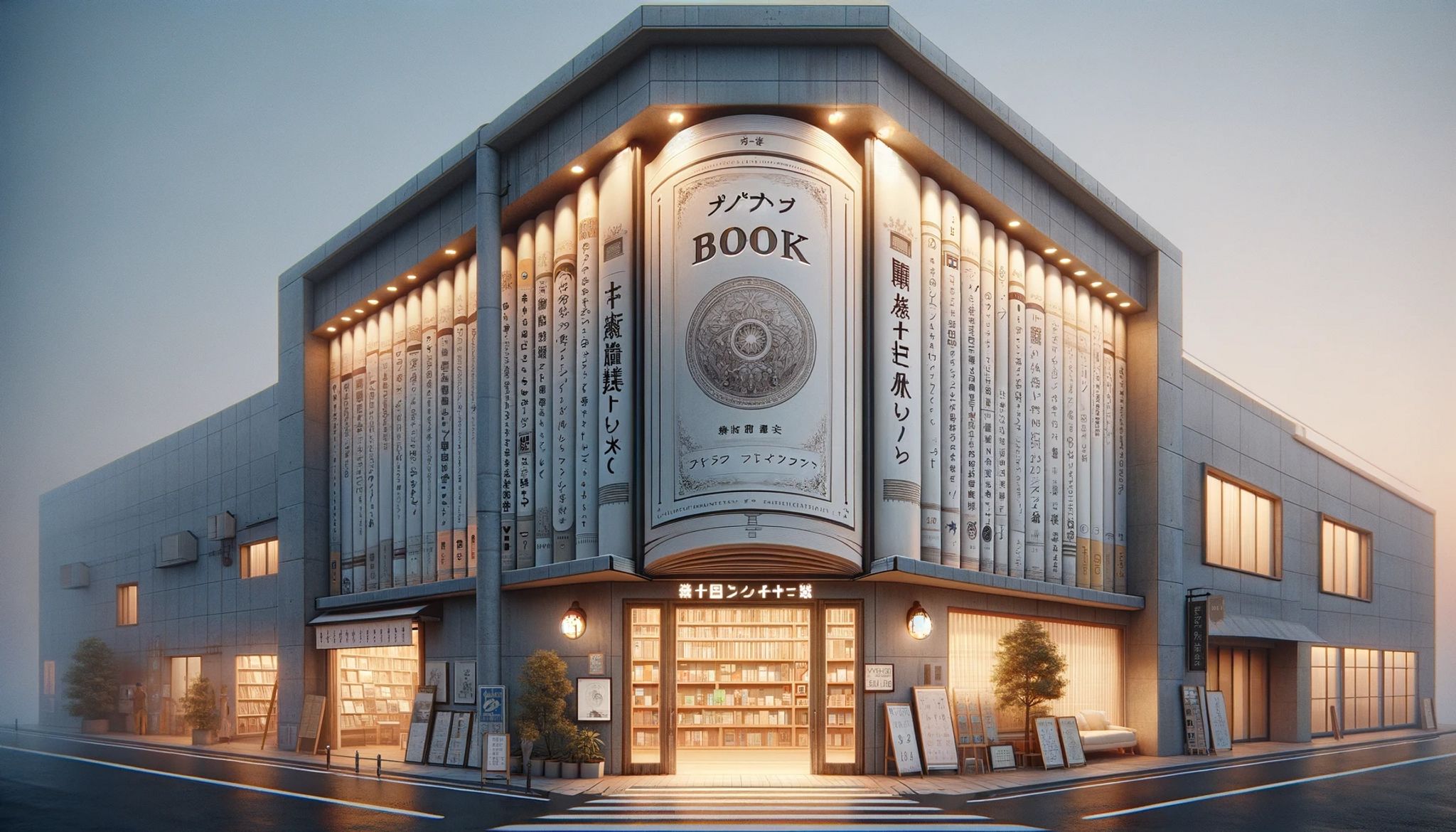 Anime-style illustration of a Tokyo bookstore at dusk, its exterior designed like a giant book.
