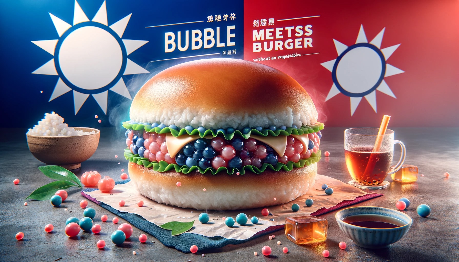 Bubble tea flavored burger with boba and fruit filling.