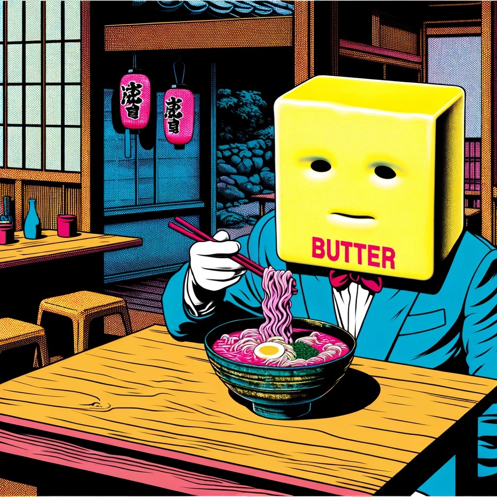 Pop art illustration of a butter-shaped head person eating ramen.