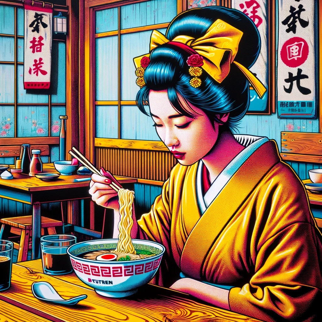 Pop art illustration of a woman in a kimono eating ramen.