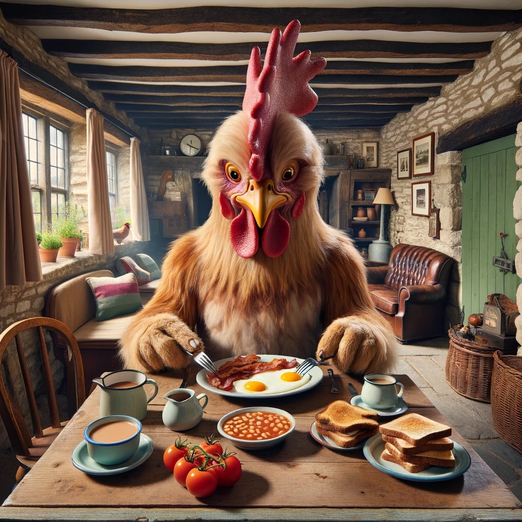 A rooster anthropomorphically enjoying a full English breakfast.