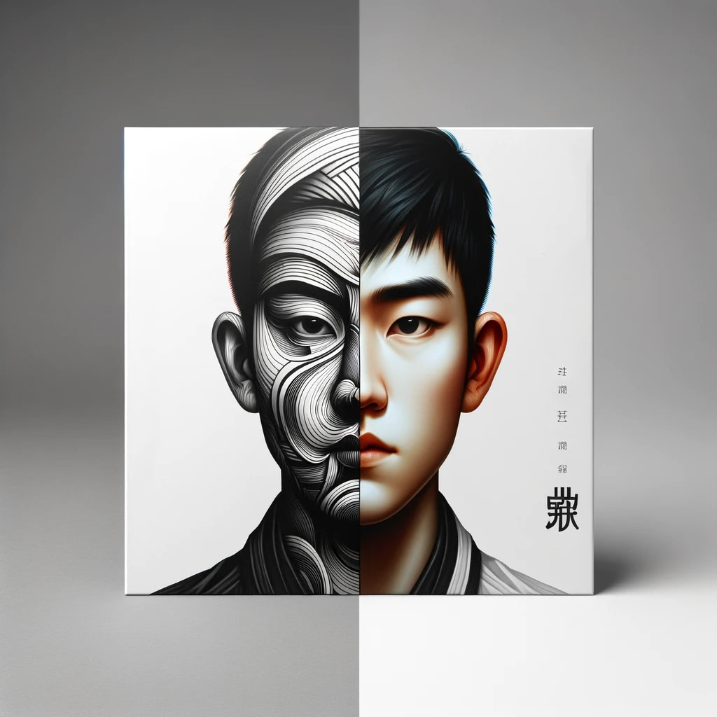 Album cover featuring a split-face portrait: one half is a stylized line drawing, the other a realistic rendering.