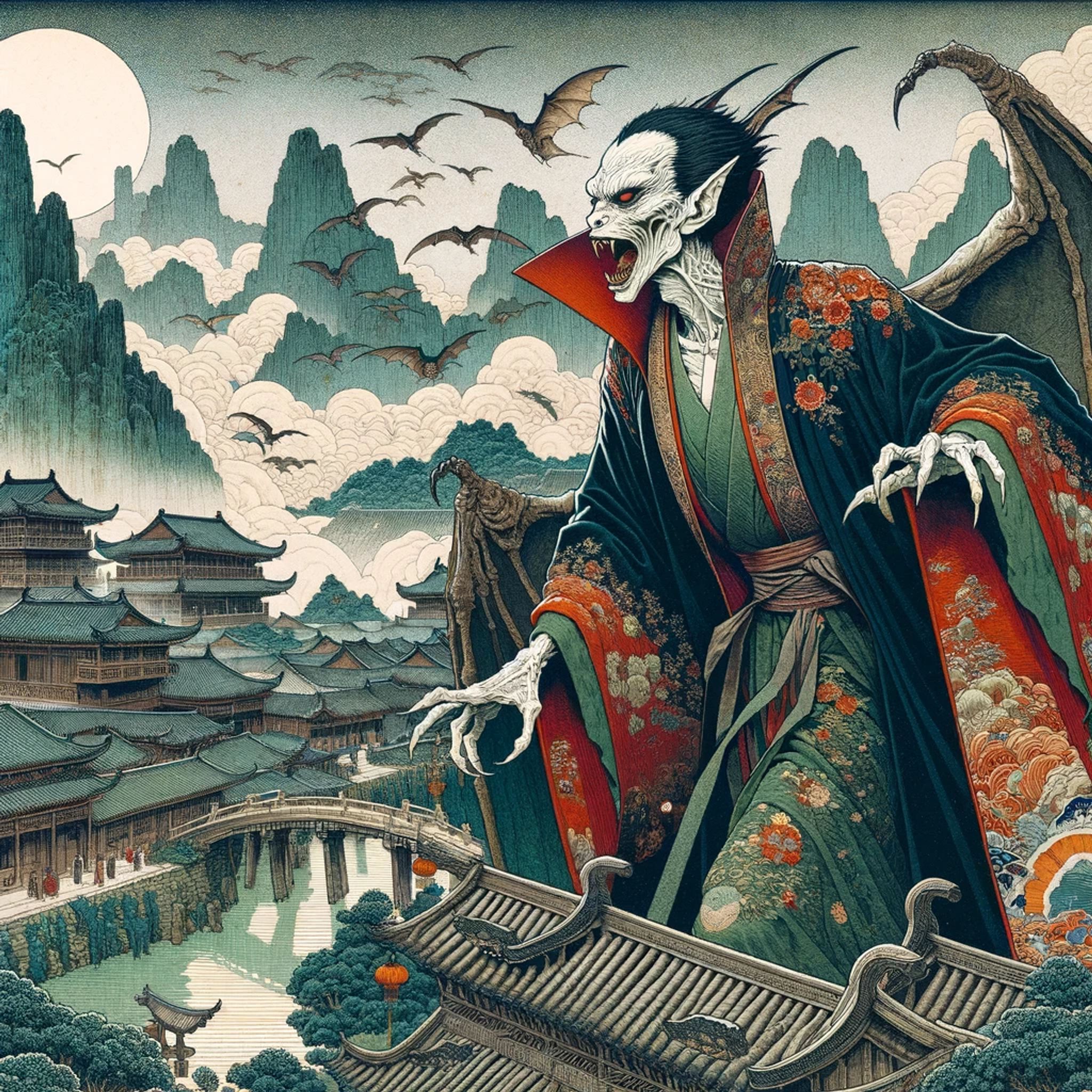A Nosferatu-like figure in ornate Asian robes looms over a Chinese landscape, bats swarming in the night sky.