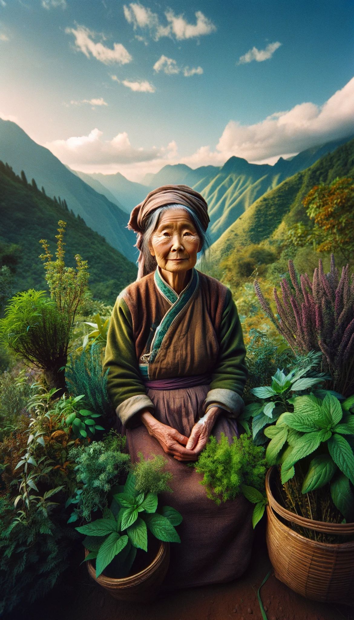 Portrait of an elderly Chinese woman, wearing traditional clothing, seated amongst potted herbs in a mountainous landscape.