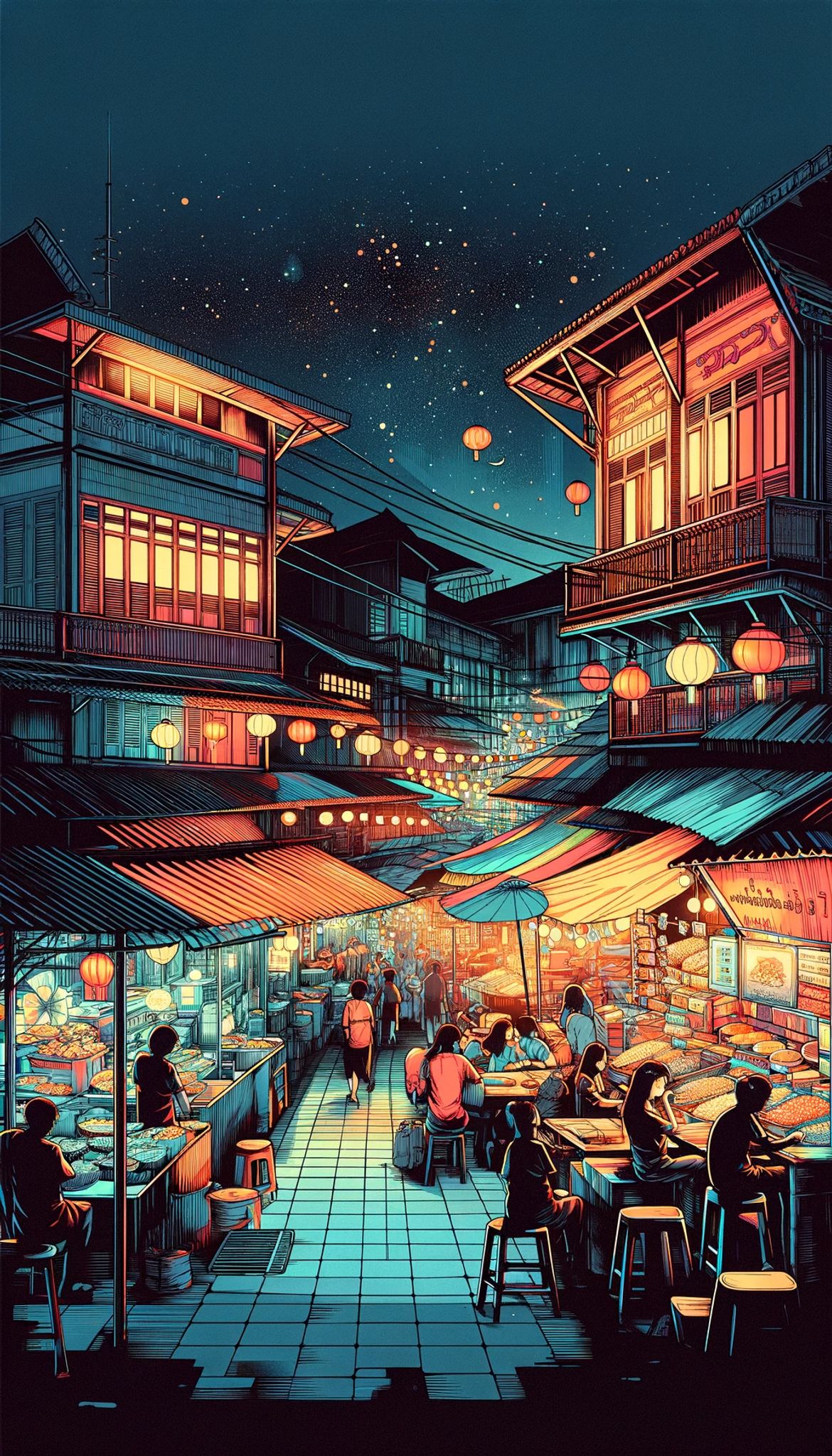 Night market scene in Bangkok, Thailand, illustrated with vibrant colors and traditional architecture.