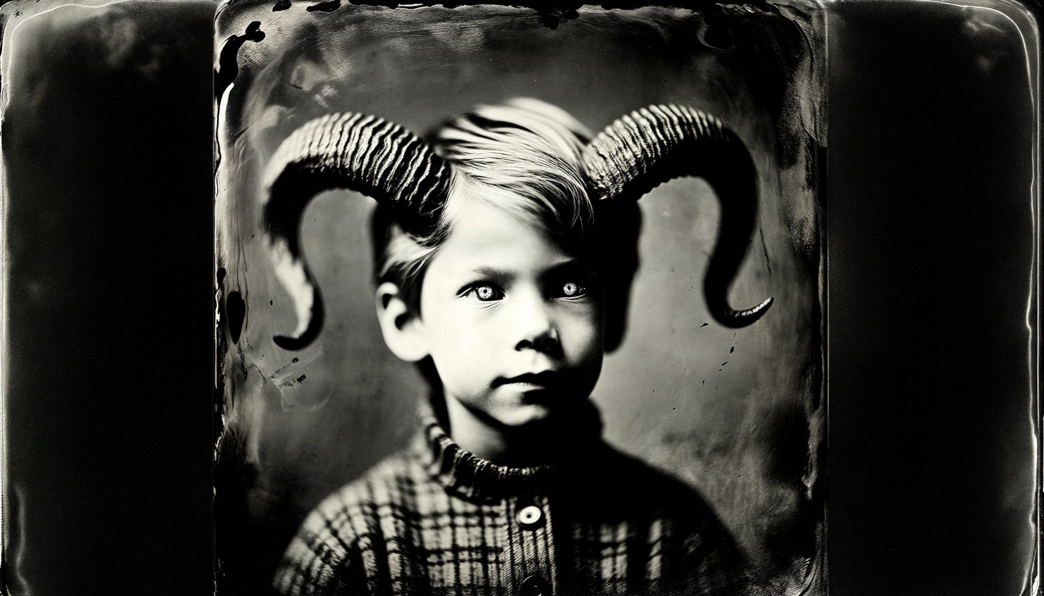 Black and white photo of a young boy with horns.