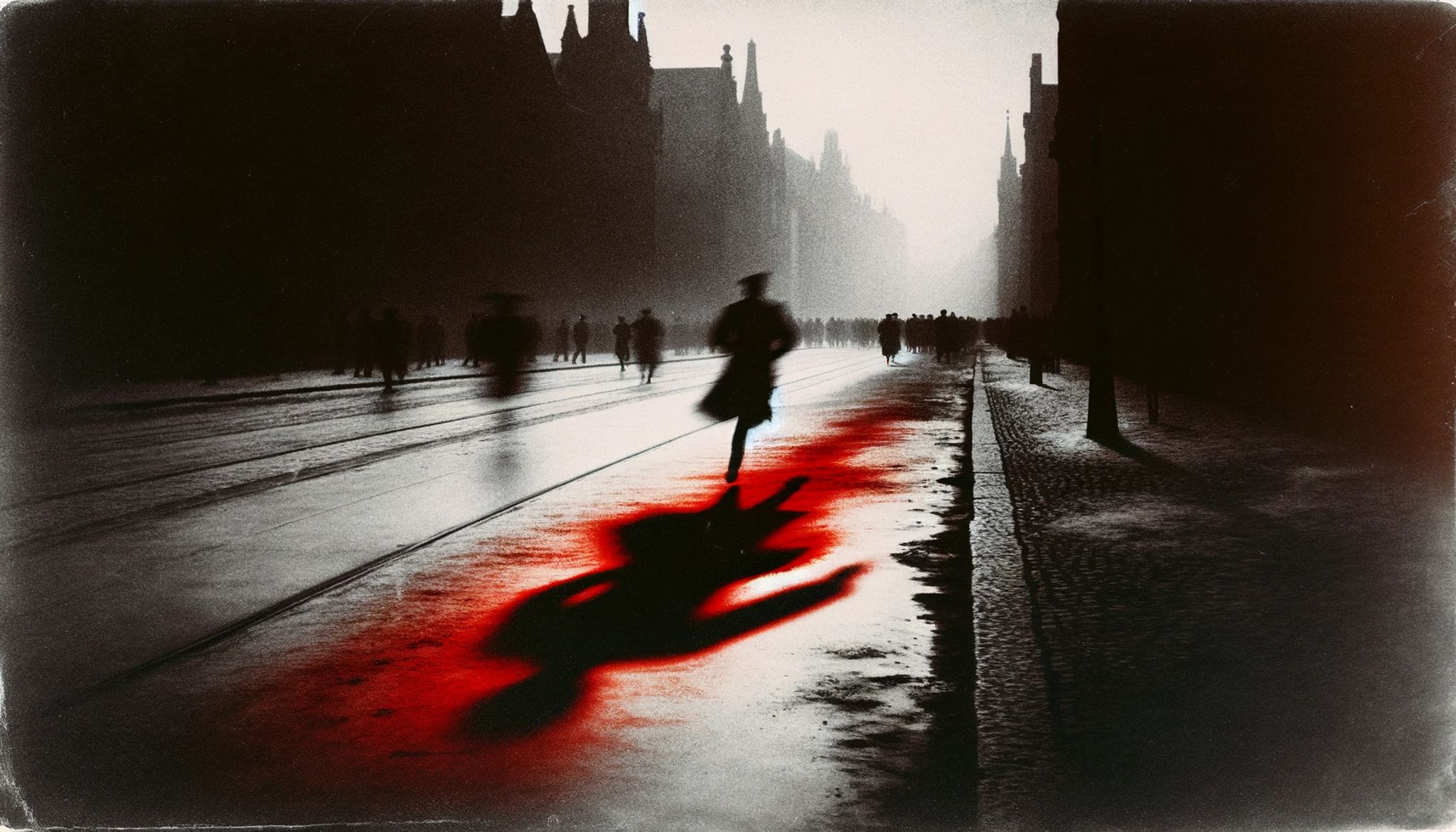 Grainy black and white photo of a person running down a city street with a large red stain on the ground resembling a body.
