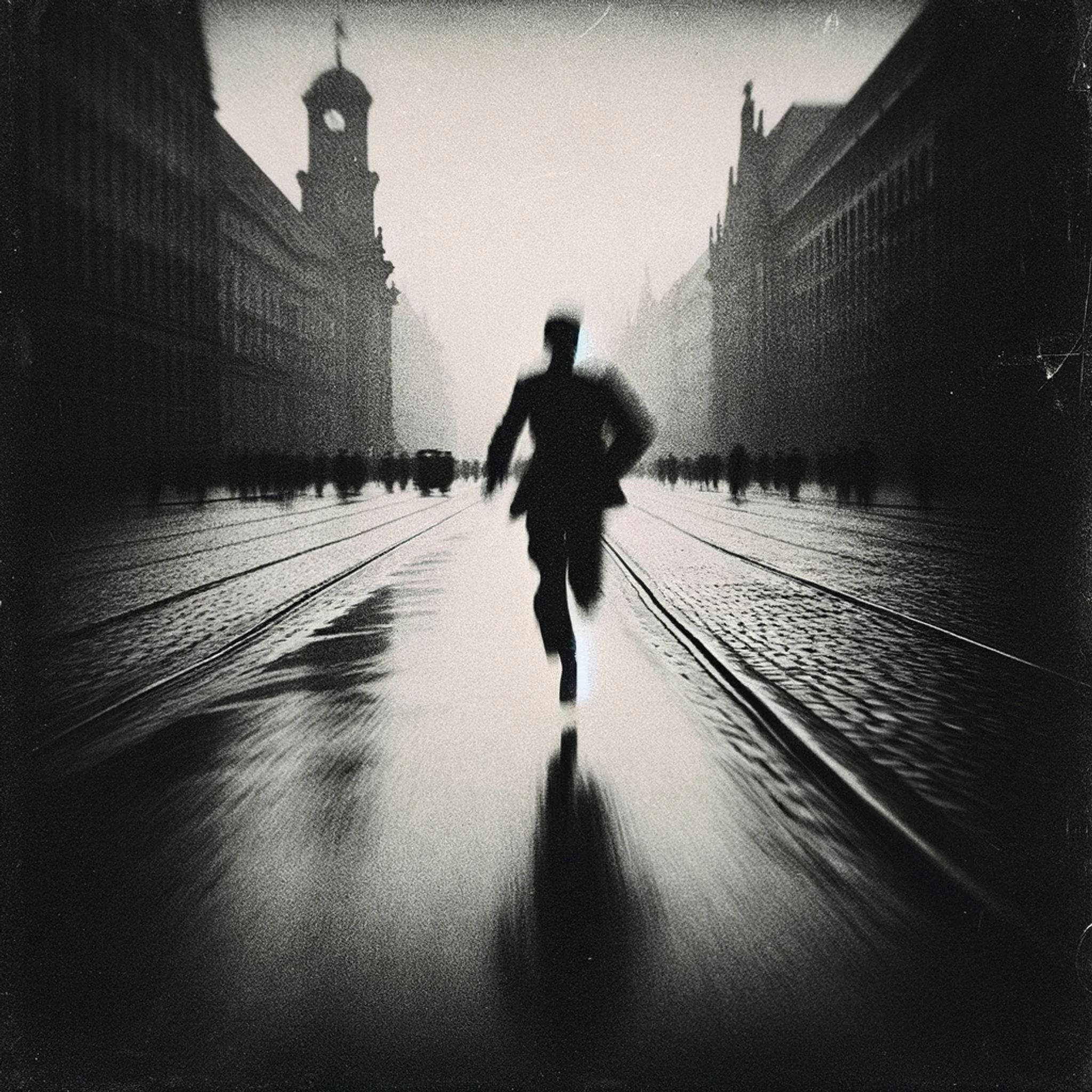 Grainy black and white photo of a person running down a city street.