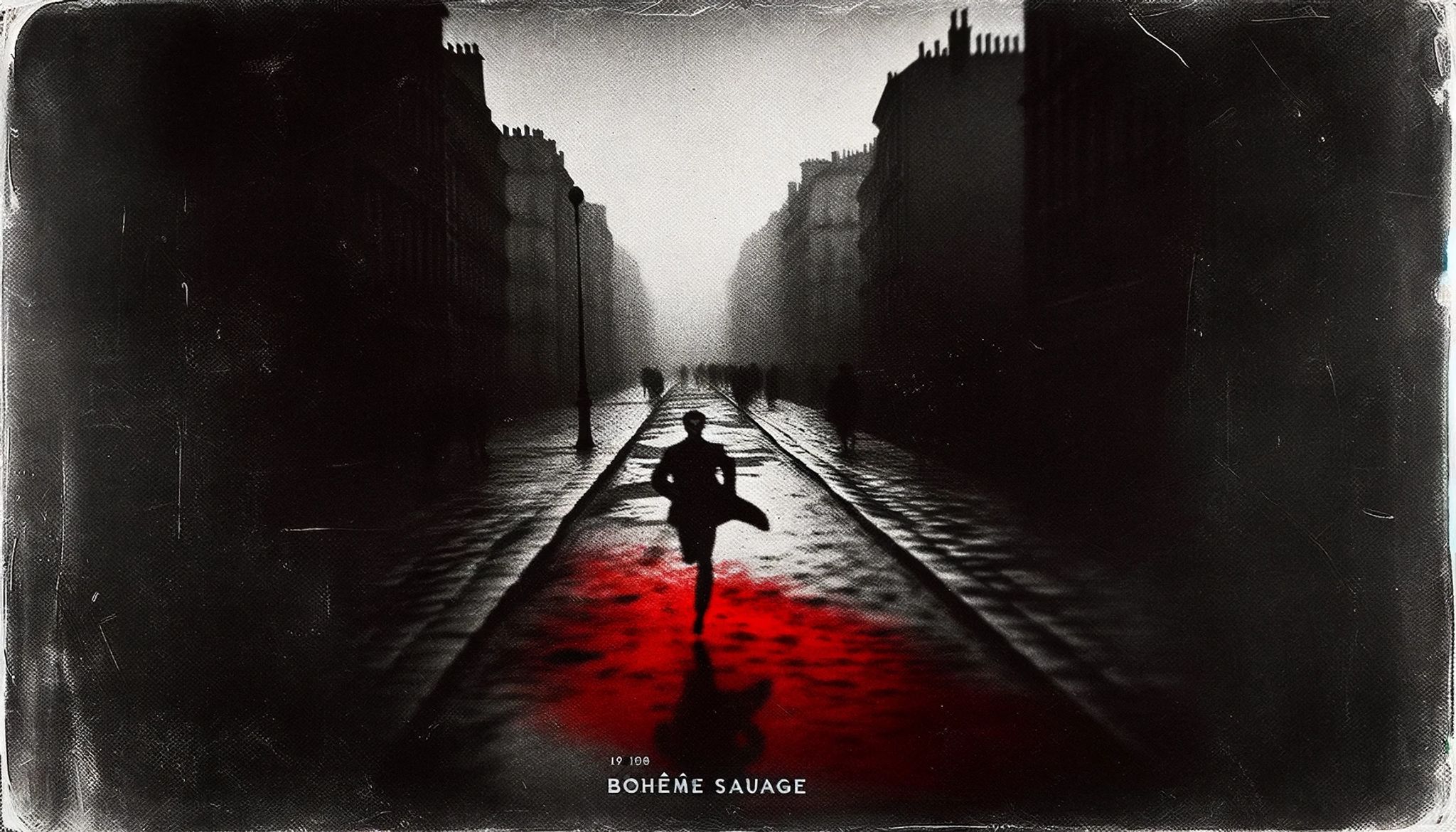 Grainy black and white photo of a person running down a city street at night, a red pool of liquid on the ground behind them.