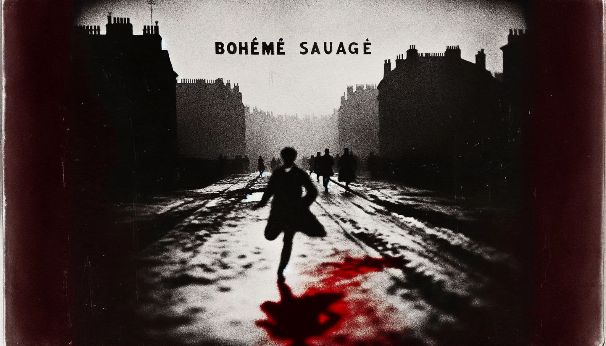 A grainy, black and white image of a person running down a snowy street in Berlin, with a bloodstain on the ground; the title 'Bohème Sauvage' is displayed above.