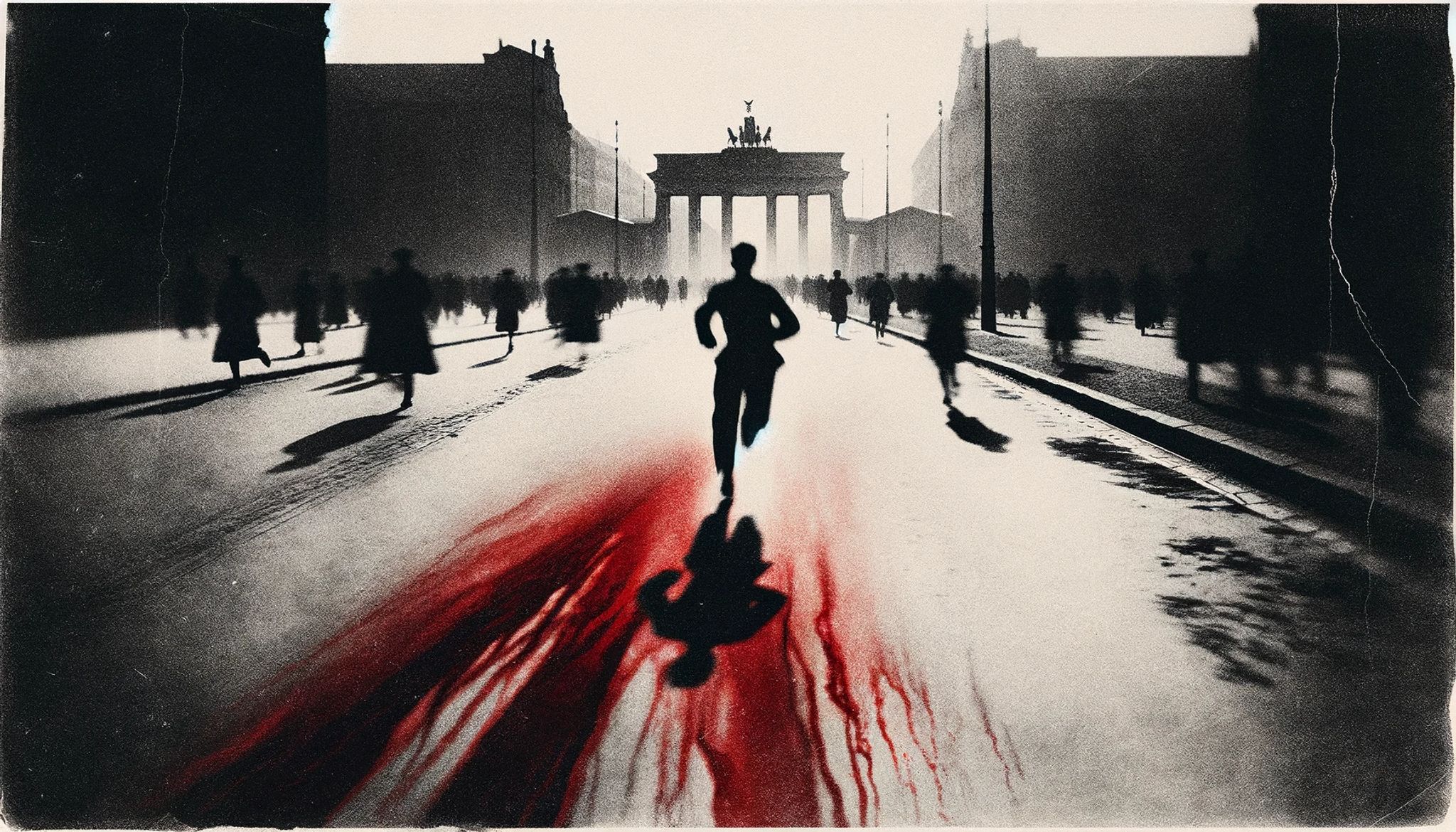 Grainy black and white photo of a man running away from a crowd in Berlin, Germany, with a blood trail on the ground, the Brandenburg Gate in the background.