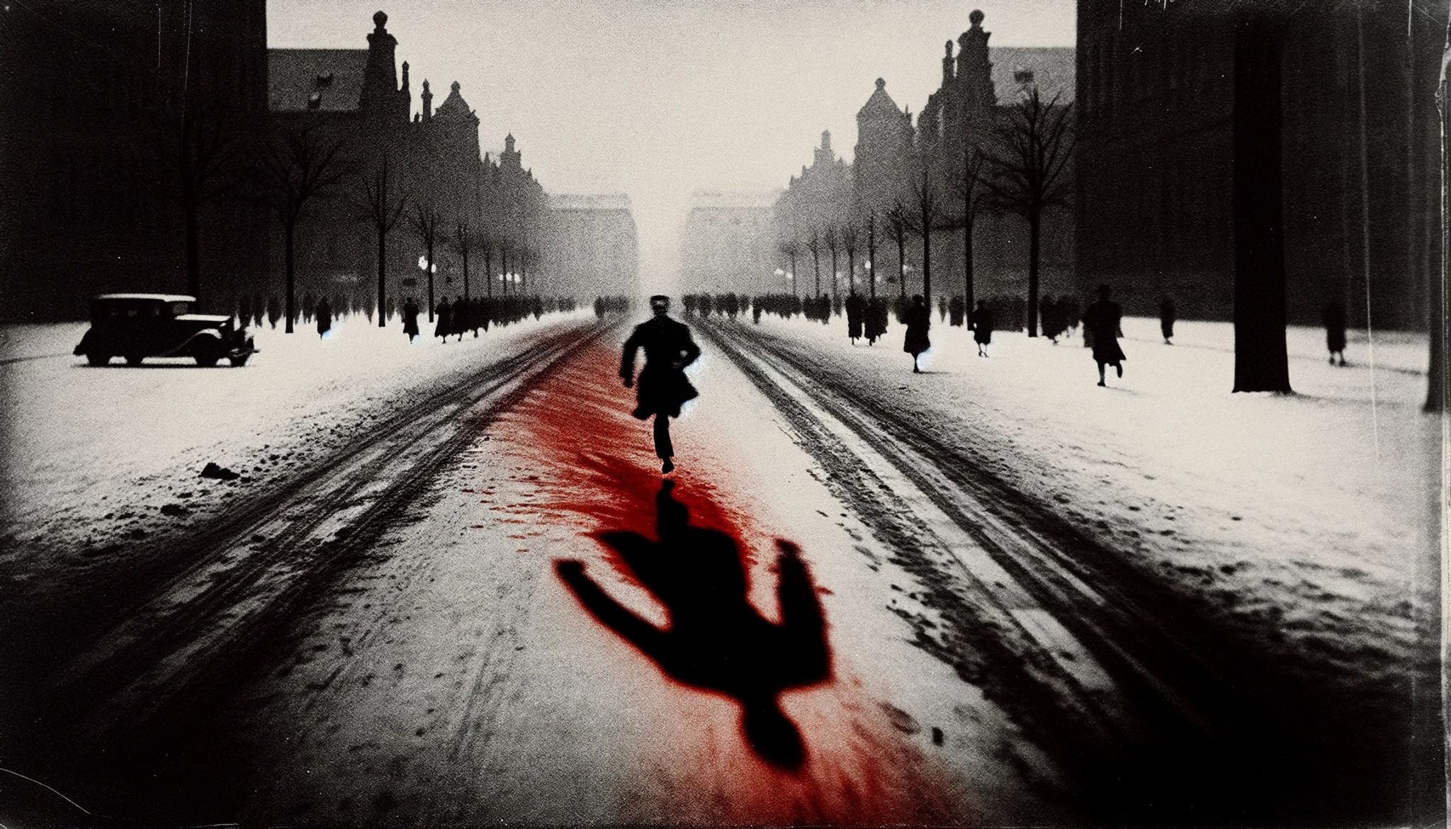 Man running down a snowy Berlin street past a bloodstain on the ground.