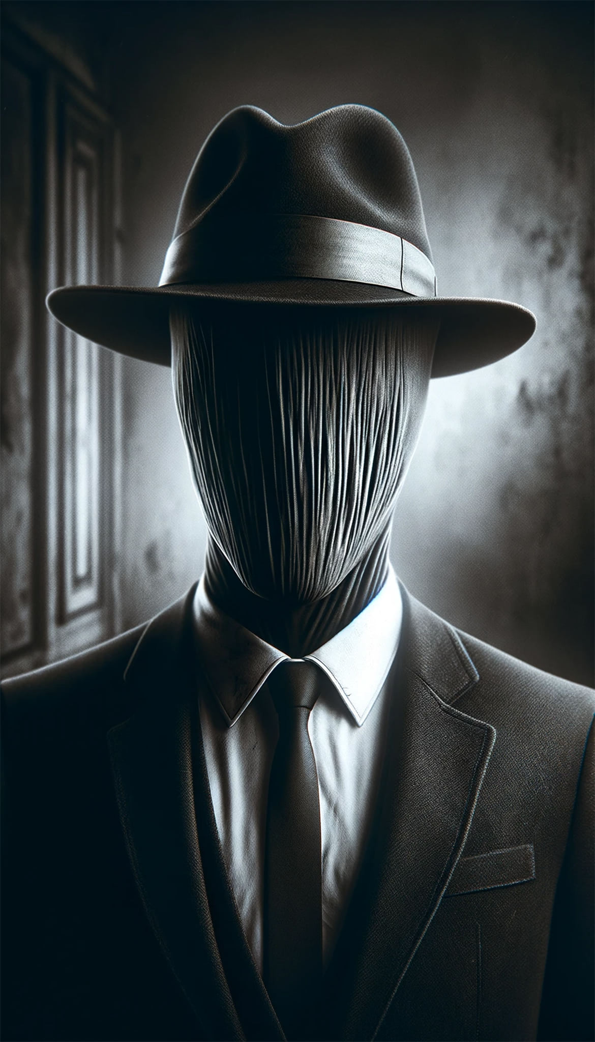 Faceless man in suit and fedora.