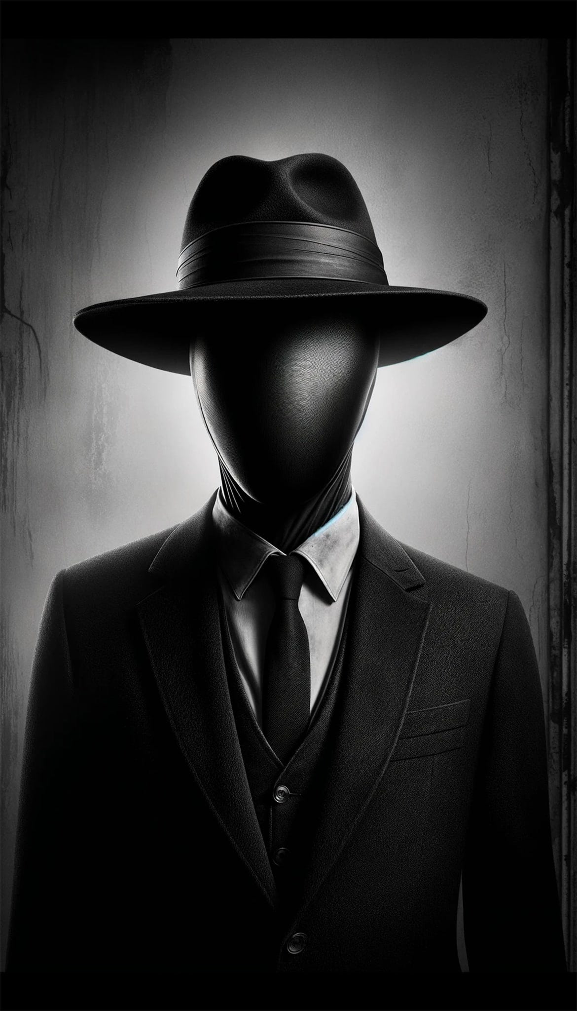 Faceless man in a black suit and fedora.
