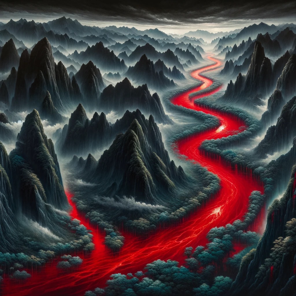 A painting of a red river winding through dark, mountainous terrain.