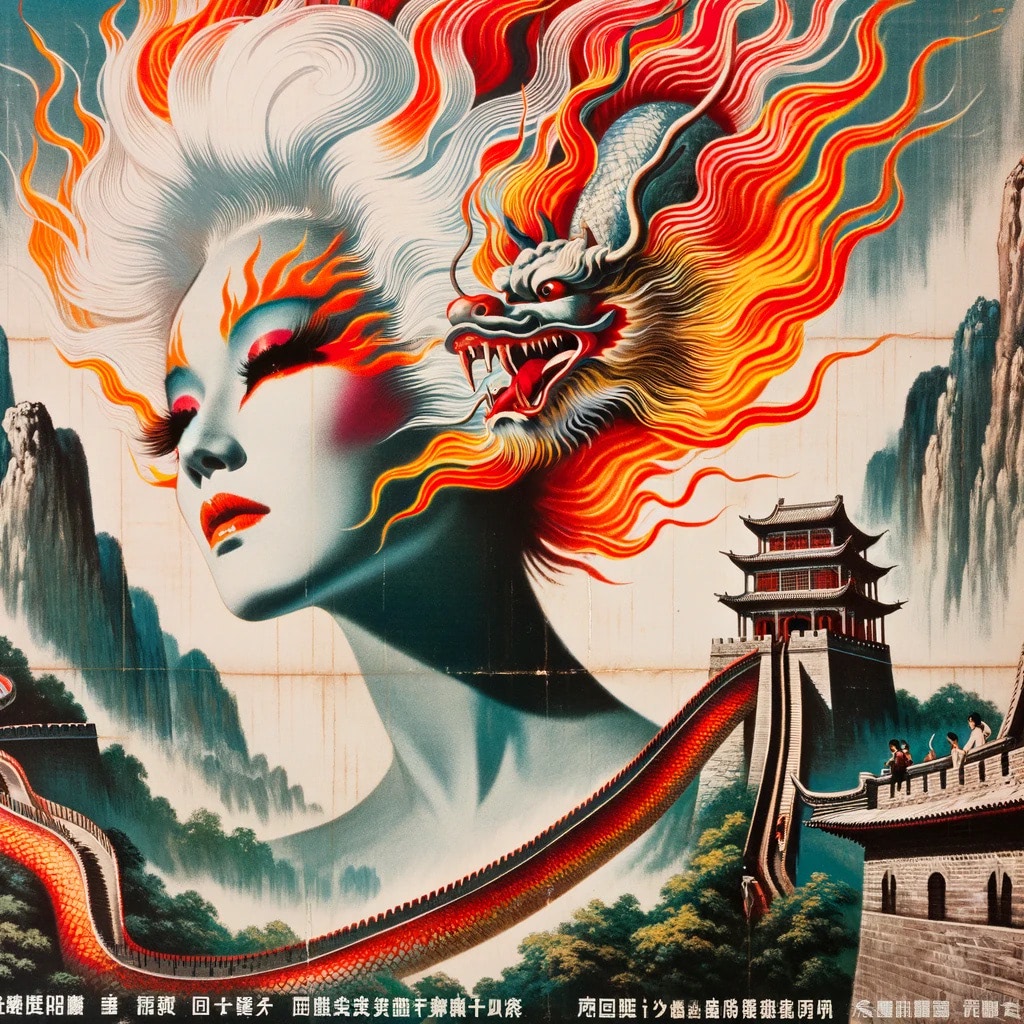 Poster art of a woman's face merging with a fiery dragon, set against the Great Wall of China.