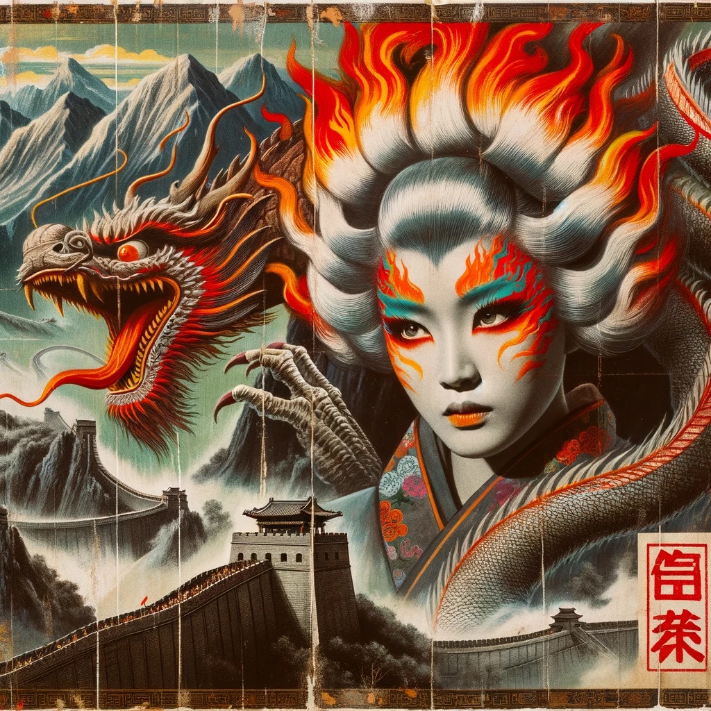 Poster art featuring a woman with fiery hair and makeup, a dragon, and the Great Wall of China.