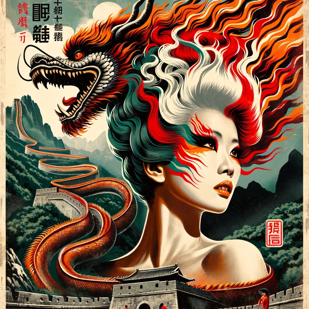 Stylized illustration of a woman with fiery hair intertwined with a dragon and the Great Wall of China.