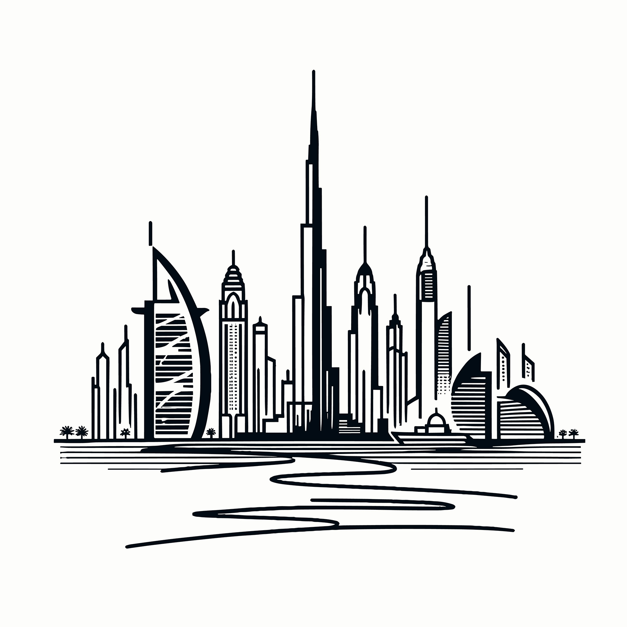 Line art illustration of the Dubai skyline.