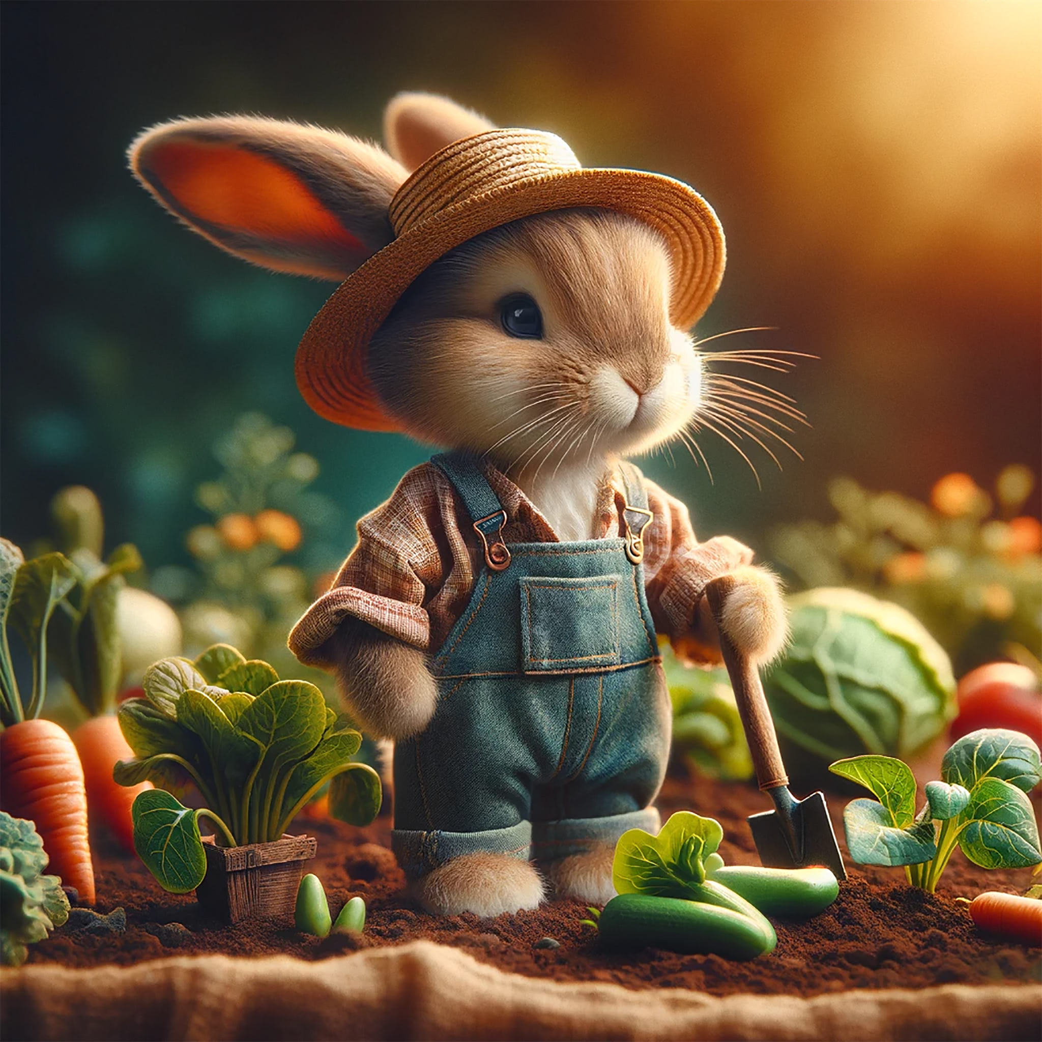 A cute cartoon rabbit wearing a straw hat and overalls tends a garden.