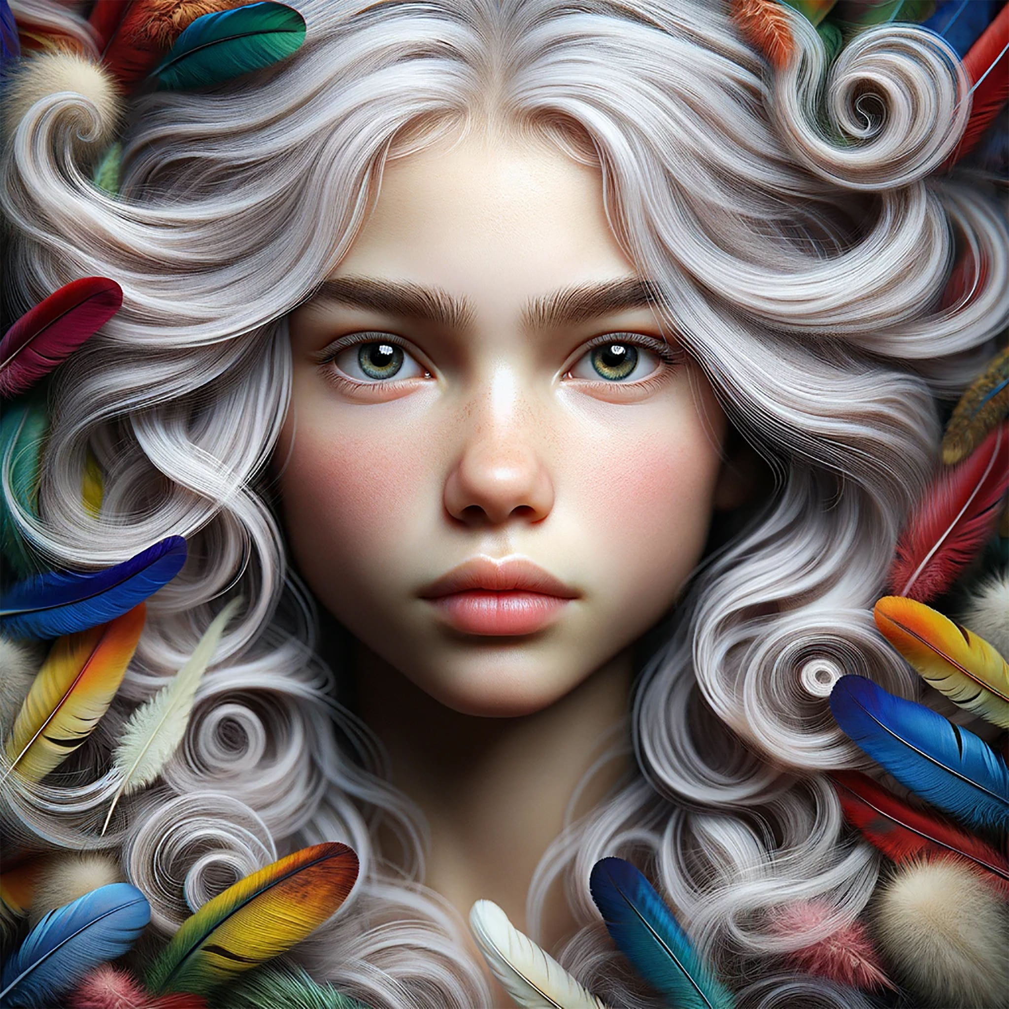 Portrait of a girl with long silver hair surrounded by colorful feathers.