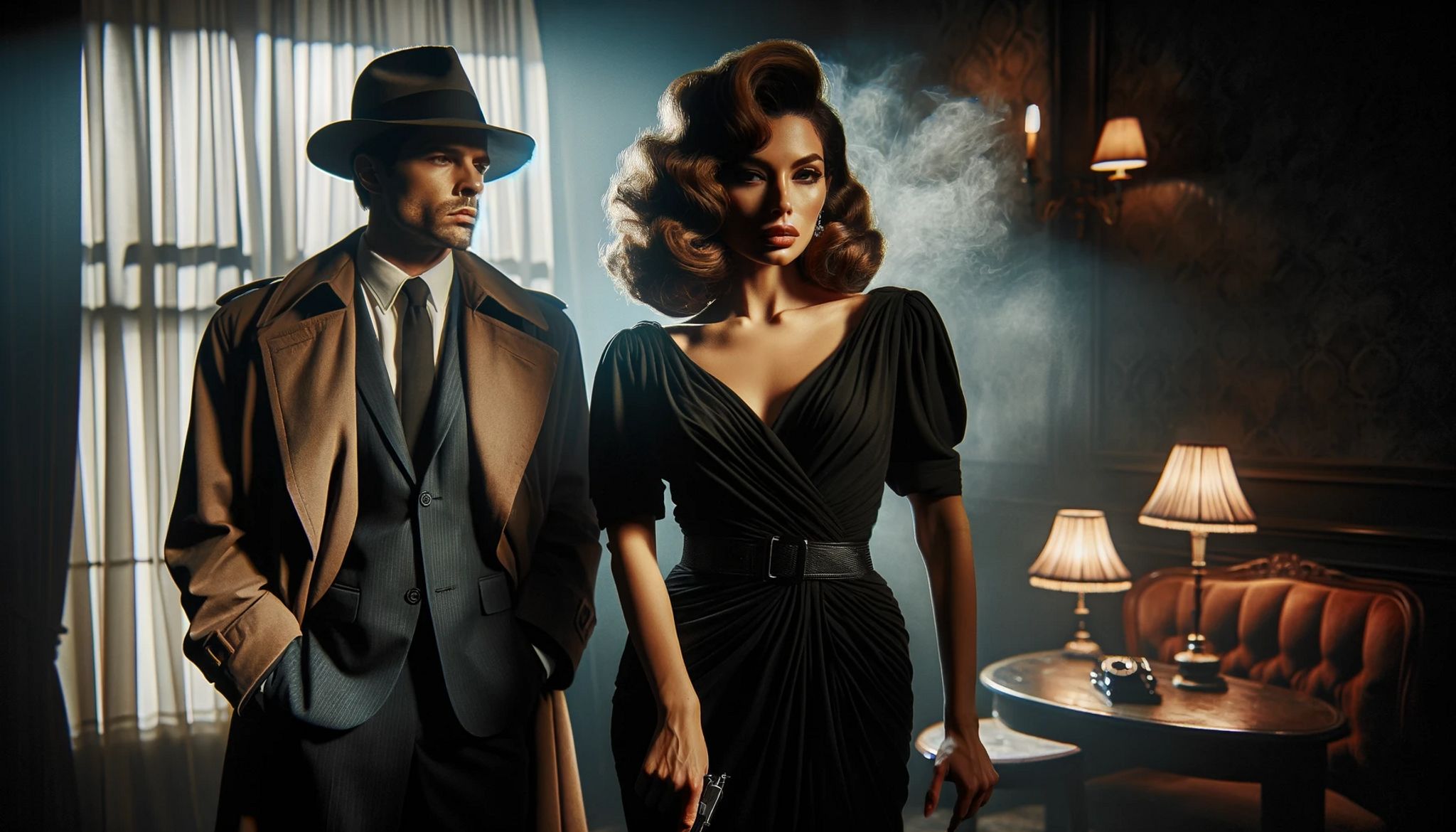 A 1960s style man and woman, dressed in trench coat and black dress, stand in a dimly lit room, the woman holding a gun.