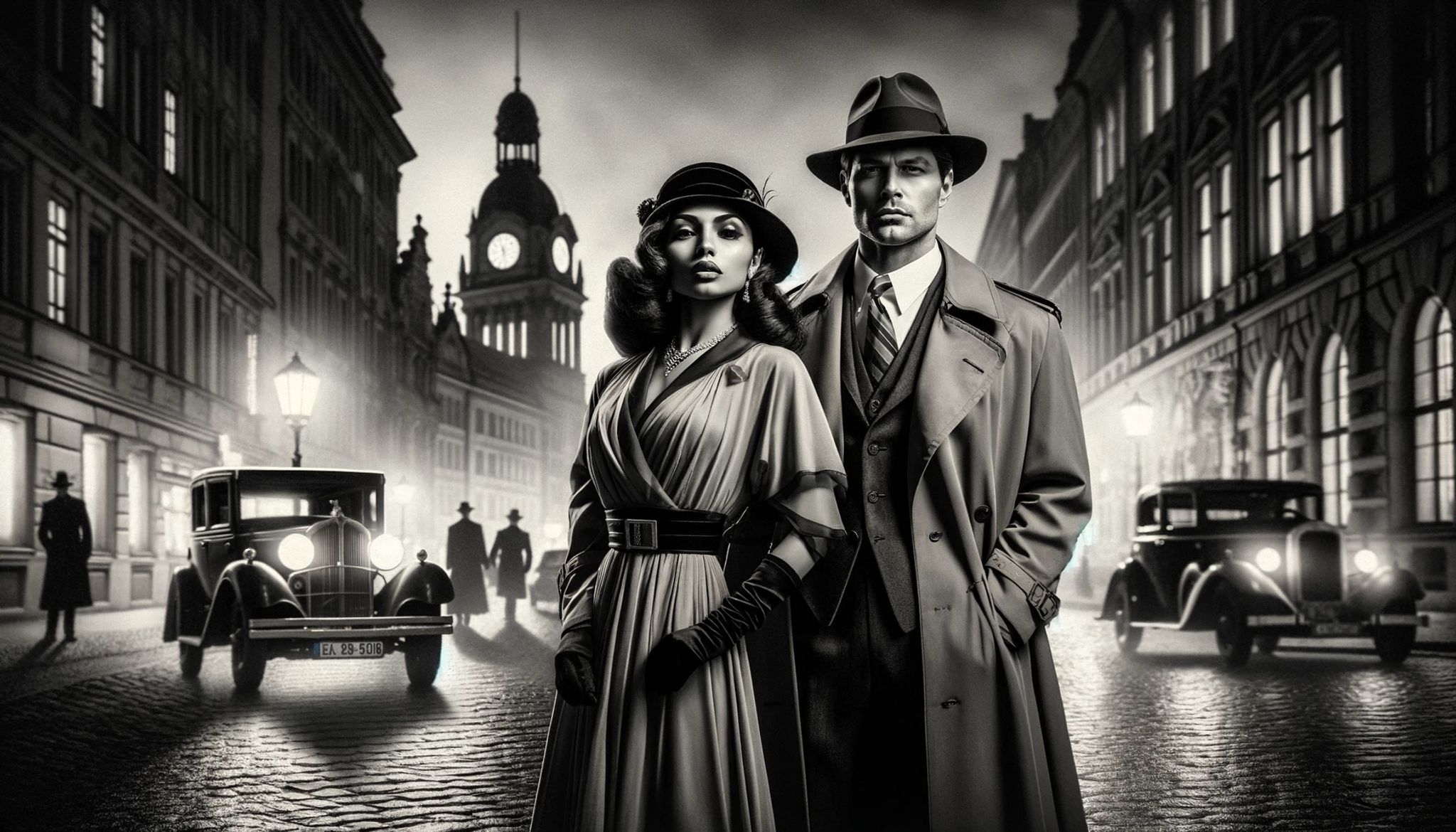 Black and white image of a 1930s-style detective couple in Berlin.