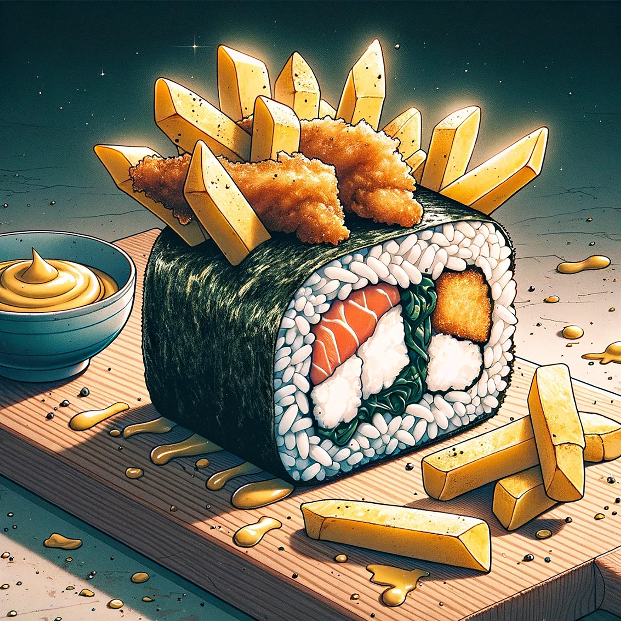 Sushi roll topped with fish and chips, served with mustard.