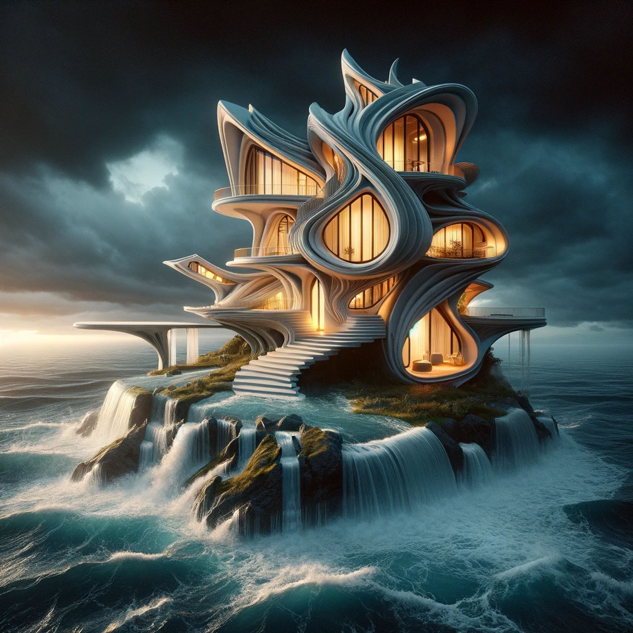 Modern, flowing-design house on an ocean cliff with waterfalls.