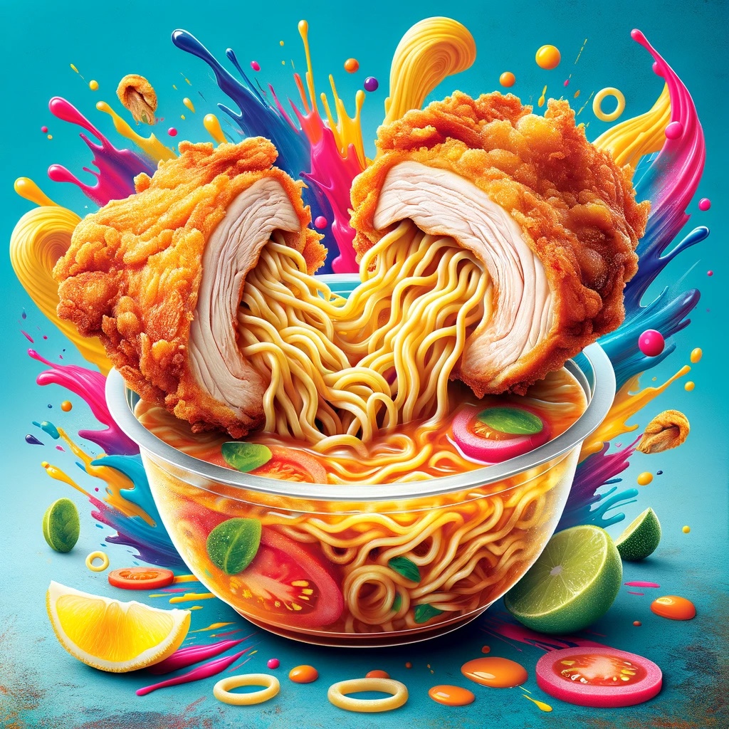 Fried chicken pieces nestled in a bowl of ramen noodles with tomato slices and lime wedges.