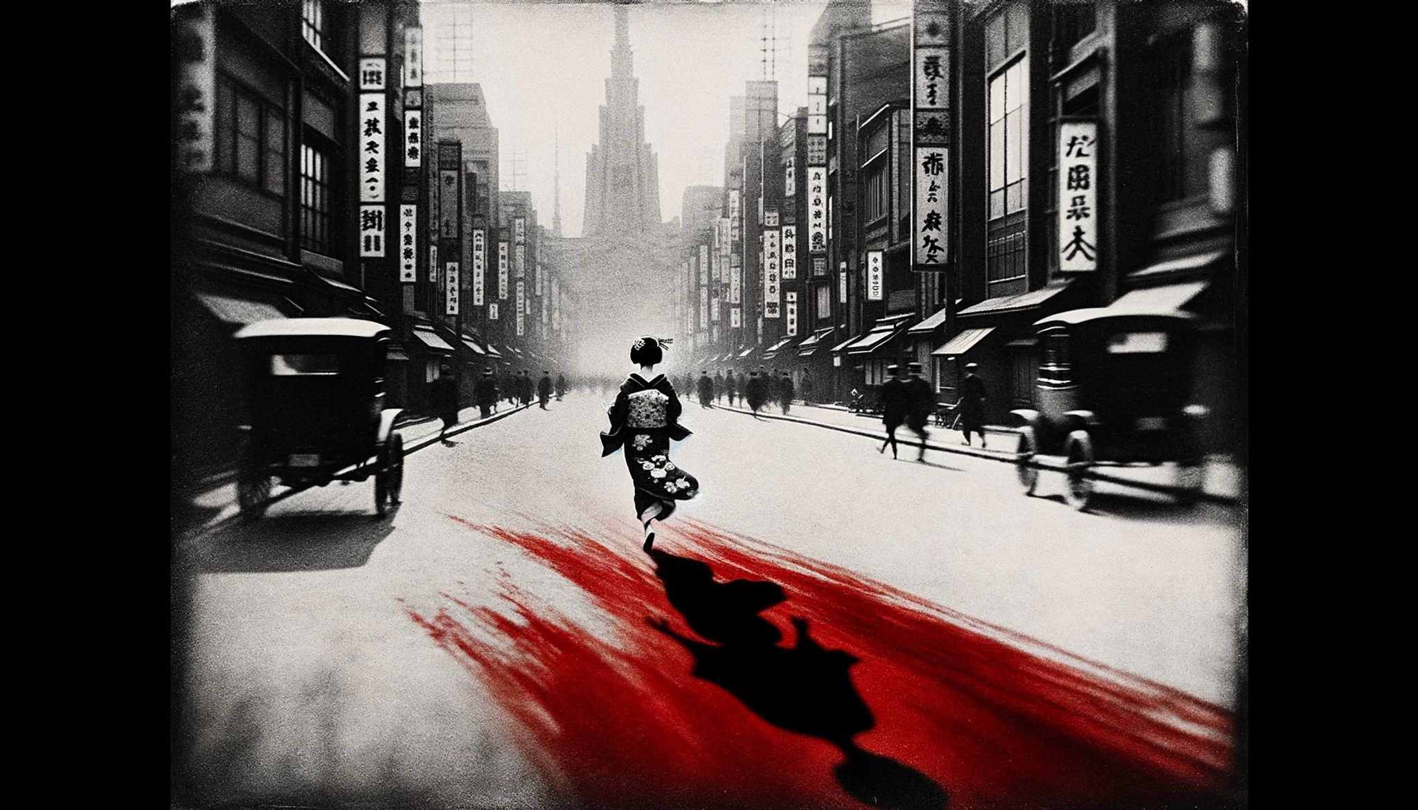 Geisha running down a blood-stained Tokyo street in the 1920s.
