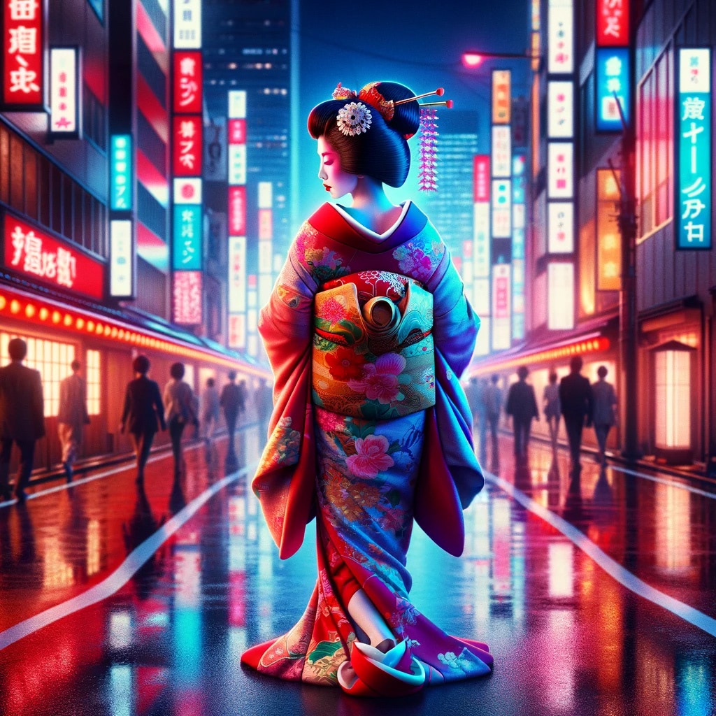 Geisha in vibrant kimono, back view, neon-lit Japanese street.
