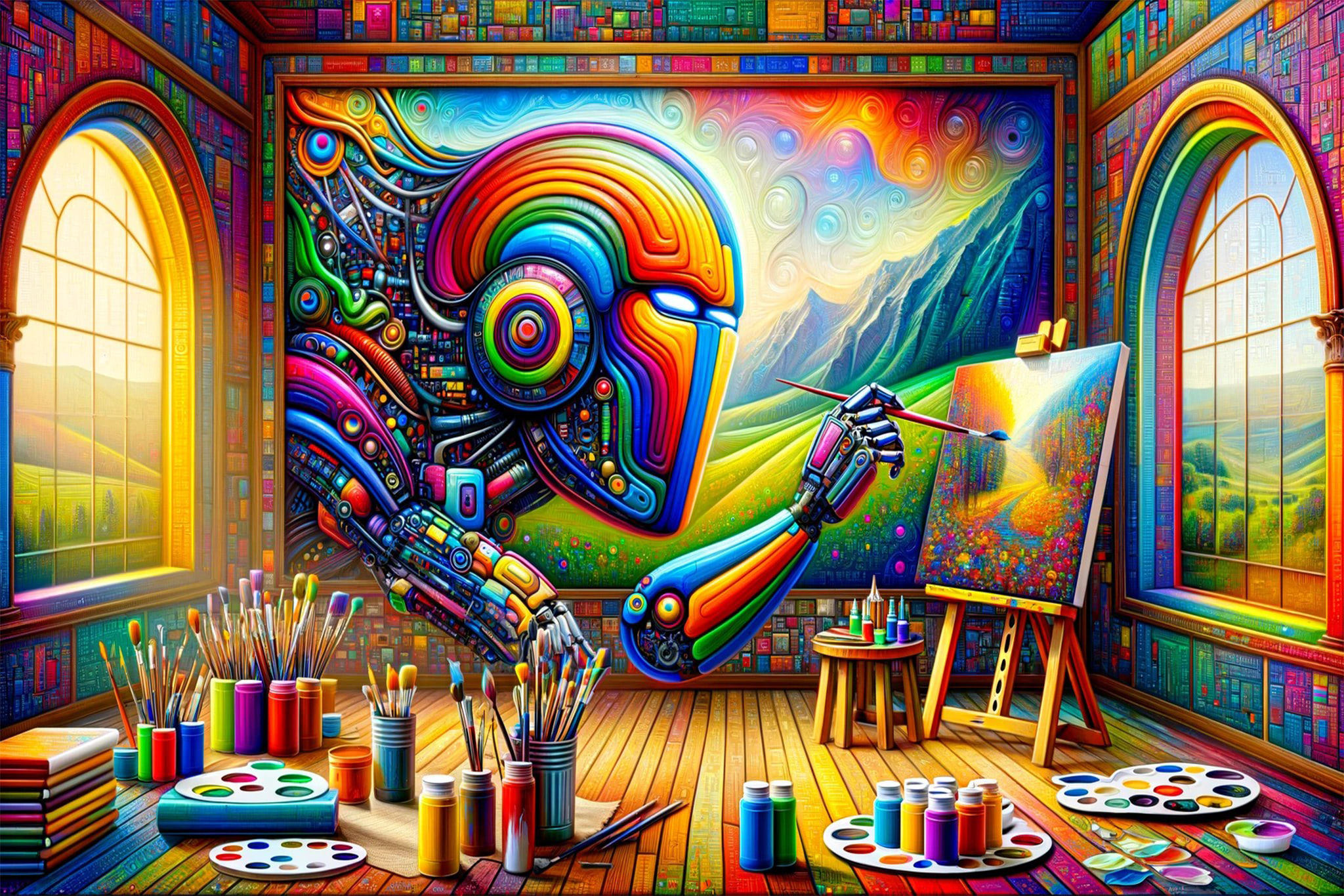 AI art depicting a robotic artist painting a vibrant landscape in a colorful studio.