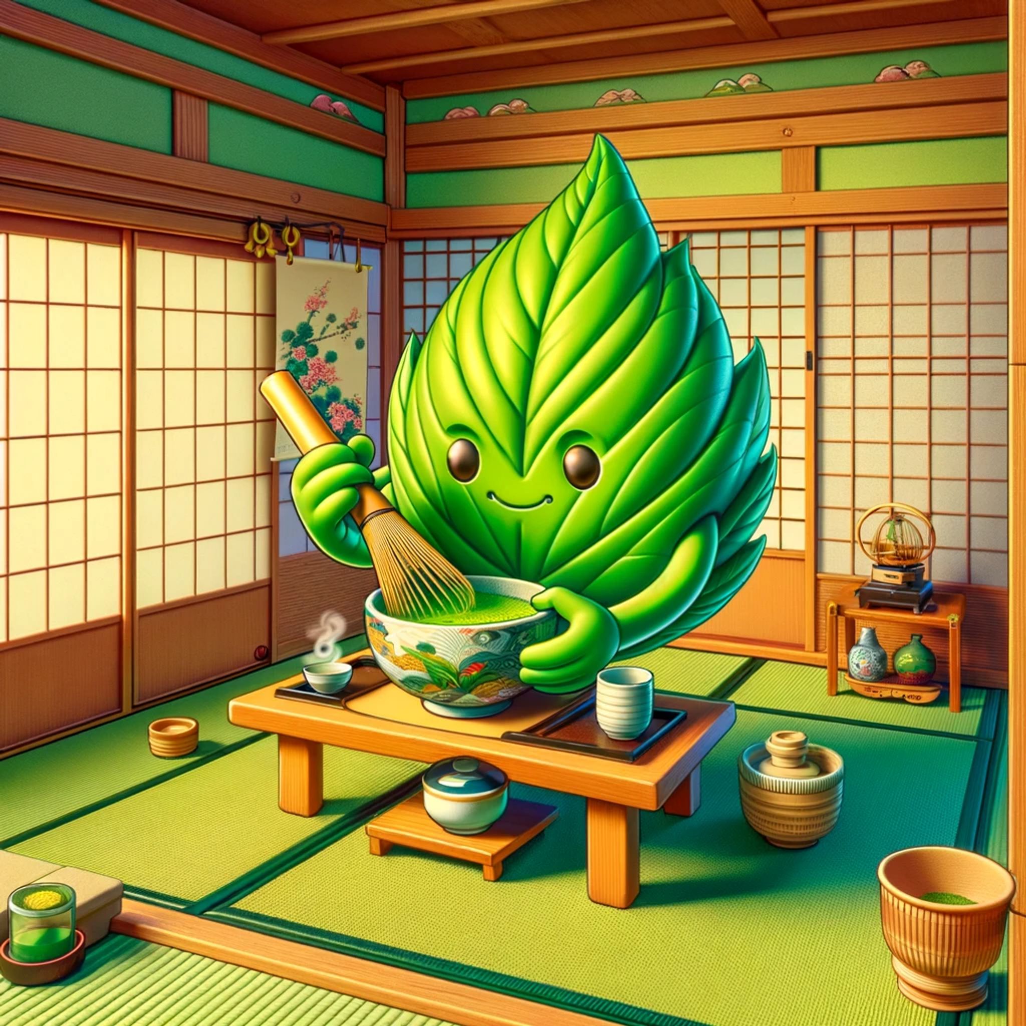A green tea leaf character prepares matcha in a Japanese tea room.