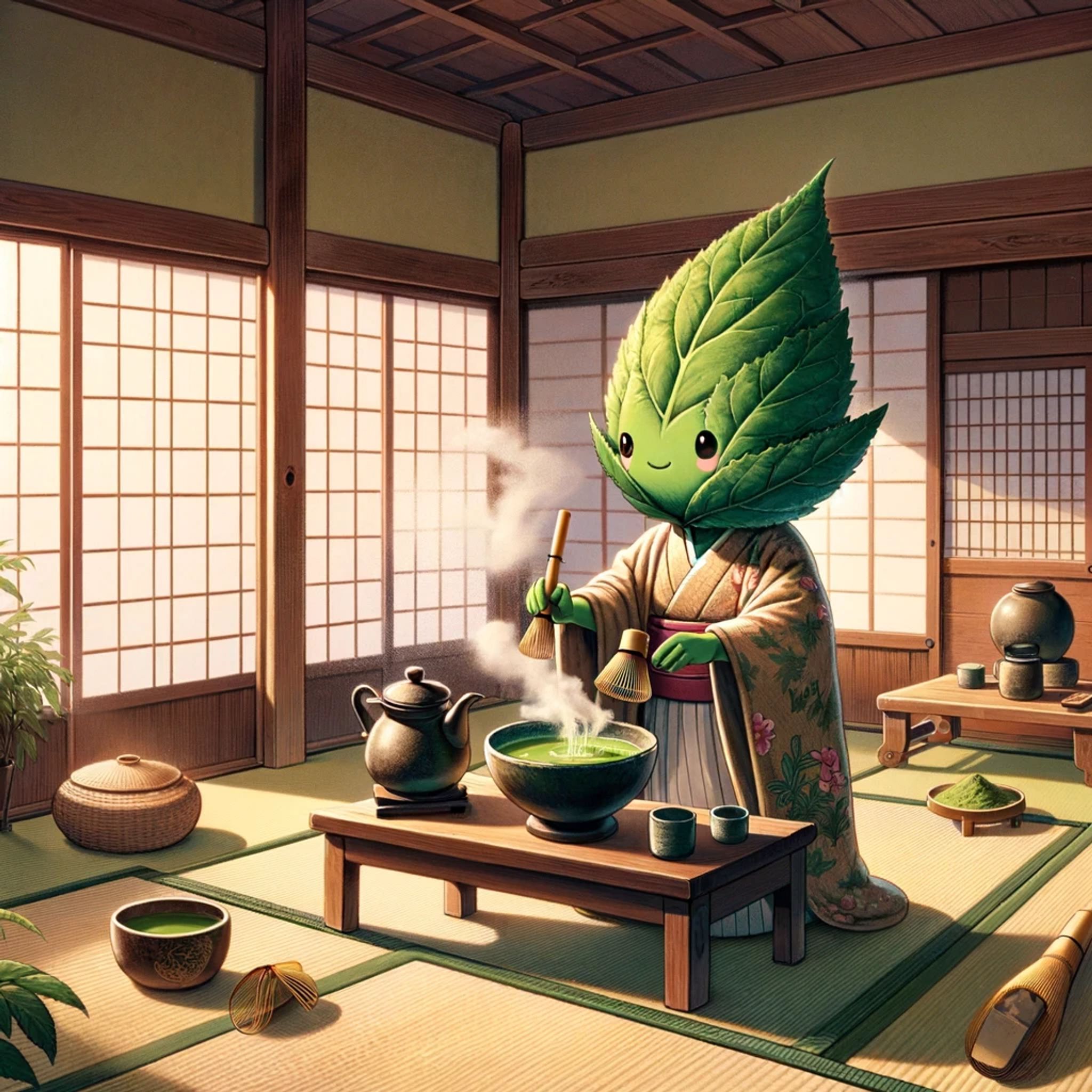 A matcha-leaf character in a kimono prepares matcha in a traditional Japanese tea room.