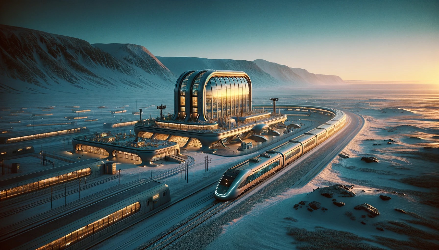 Futuristic train station in snowy tundra landscape.