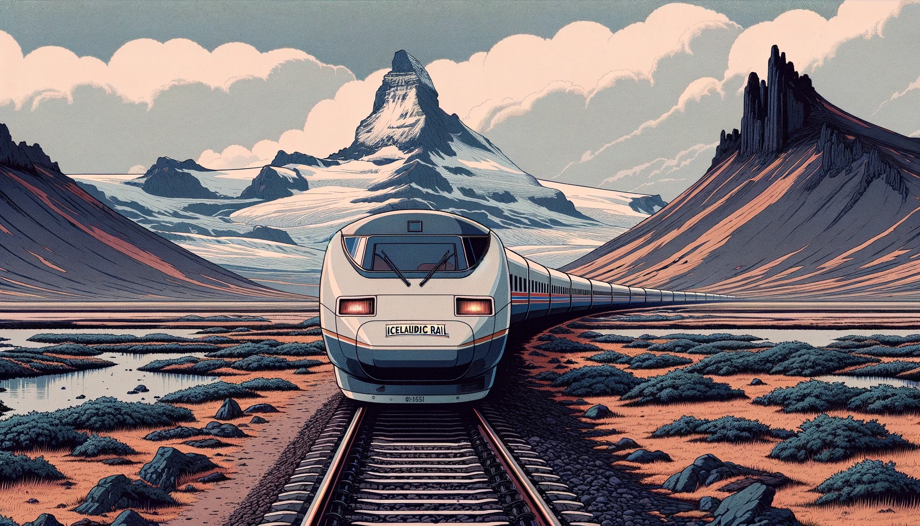 Icelandic Rail train traveling through a mountainous landscape.