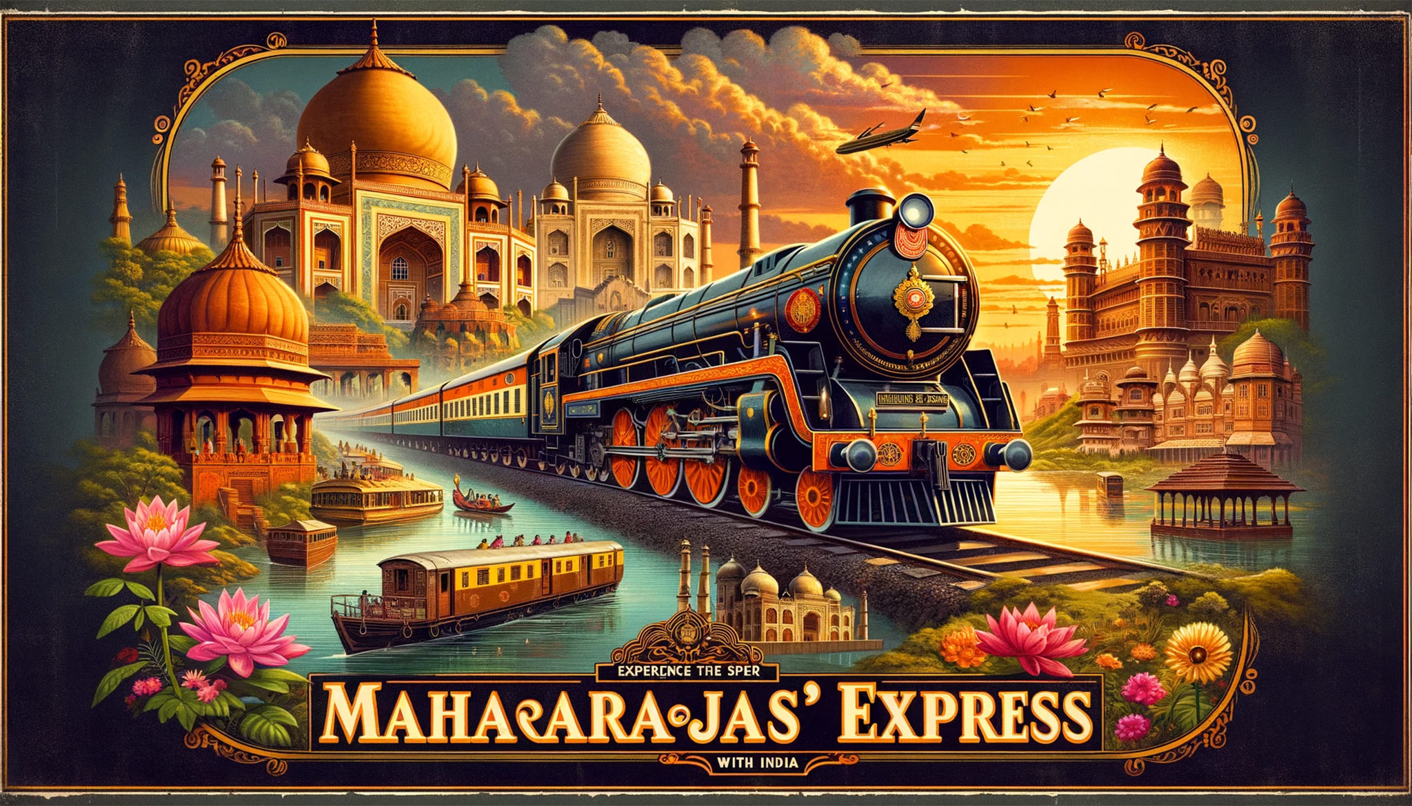 Maharajas' Express train poster featuring the Taj Mahal and other Indian landmarks.
