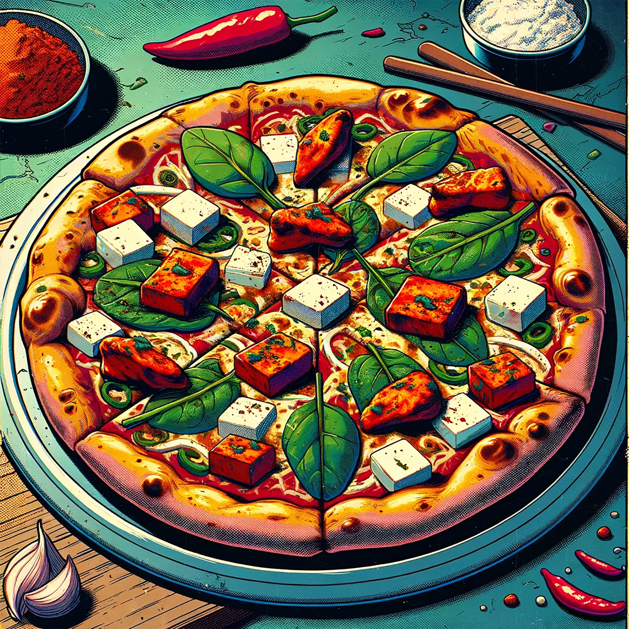 Indian-style pizza with paneer, spinach, and feta cheese.