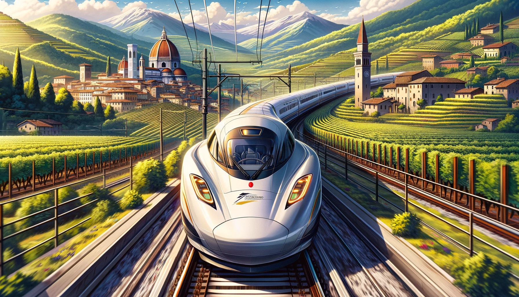 High-speed train traveling through Italian countryside, passing vineyards and Florence in the background.