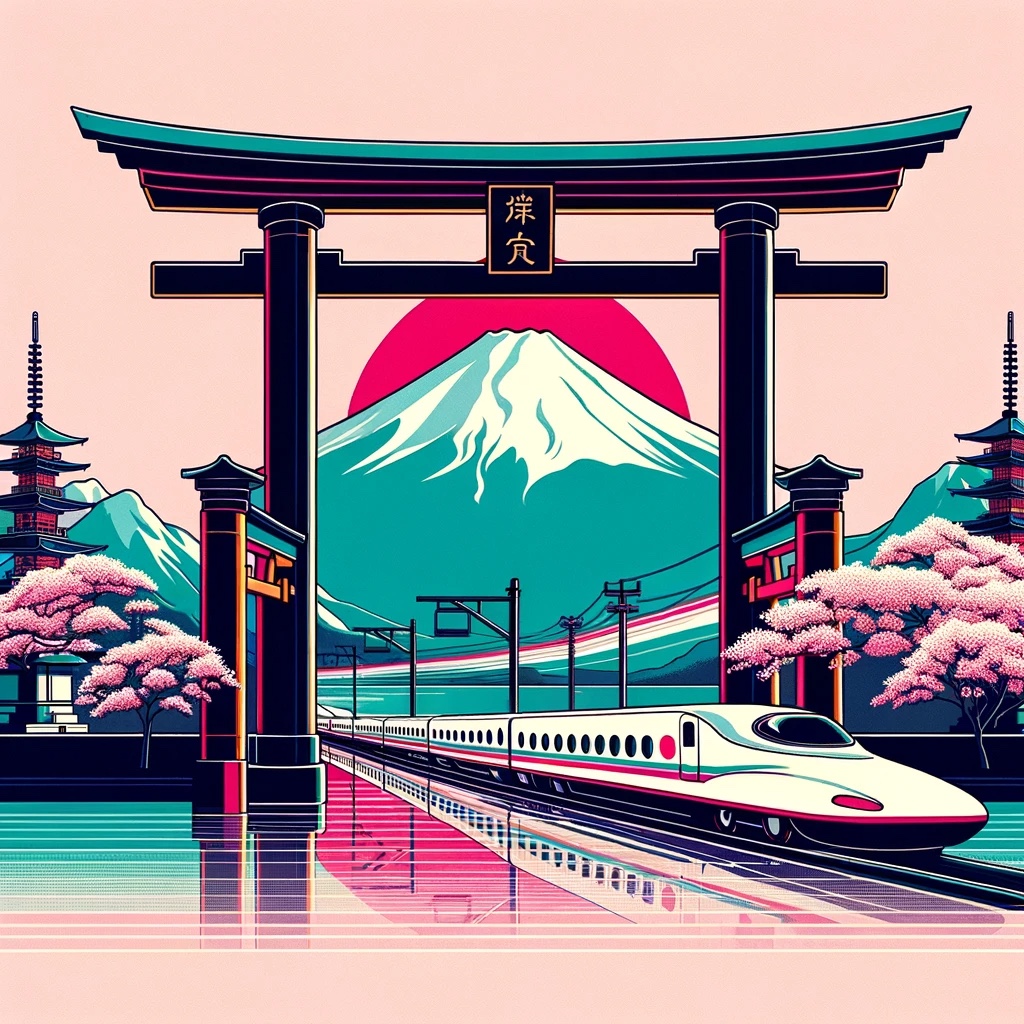 Minimalist travel poster: Shinkansen bullet train passing through torii gate toward Mount Fuji, cherry blossoms.