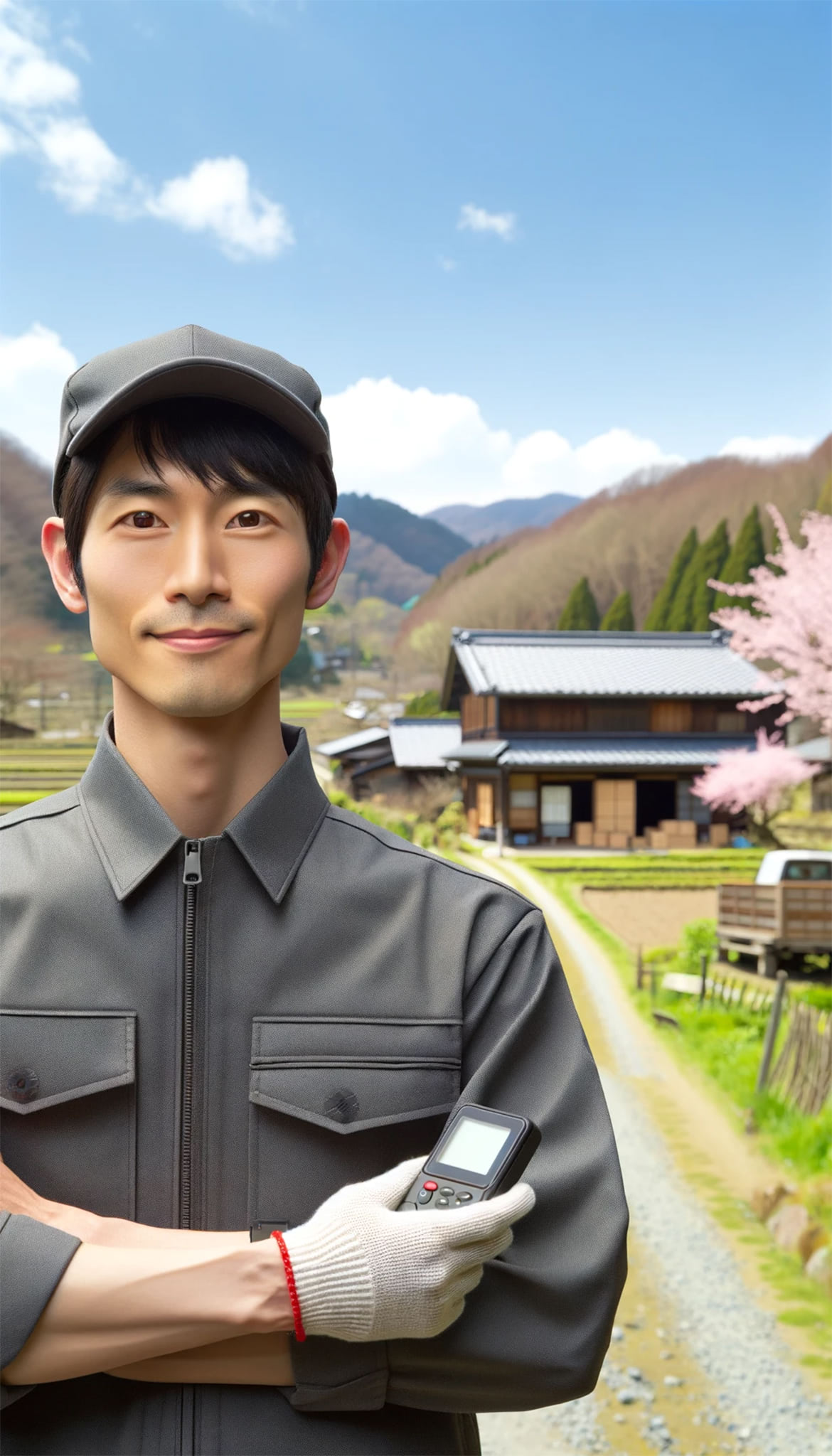 Japanese rural delivery worker holding a device.