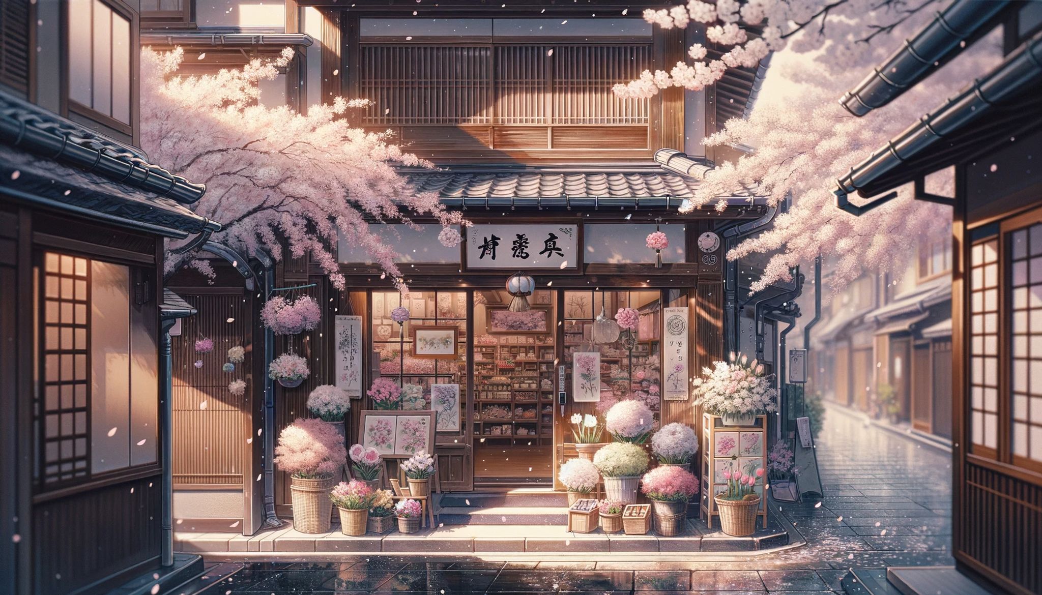 Anime-style illustration of a Japanese flower shop under cherry blossoms.